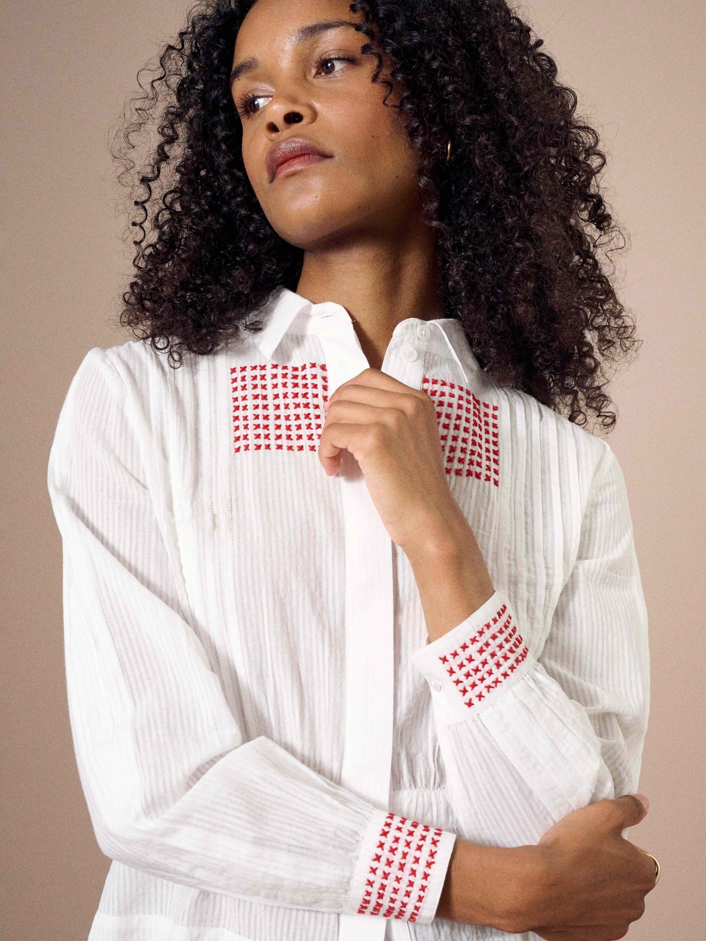 Product image 3 of 5, which shows Brora Cross Stitch Embroidered Shirt, White, 6