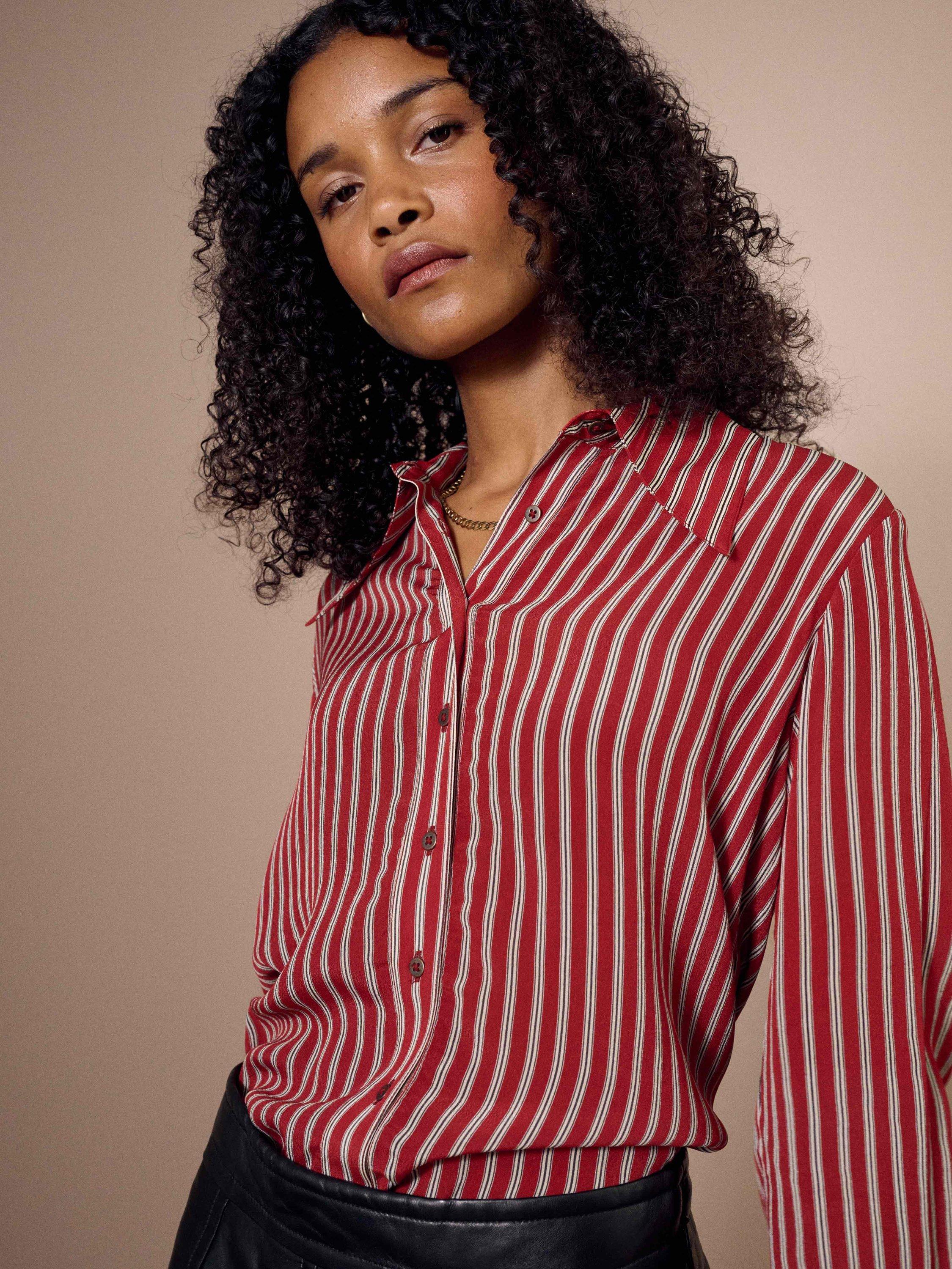 Product image 3 of 5, which shows Brora Stripe Boyfriend Shirt, Ruby, 6
