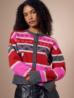Brora Folk Stripe Pure Wool Cardigan, Ruby/Hot Pink, Ruby/Hot Pink
