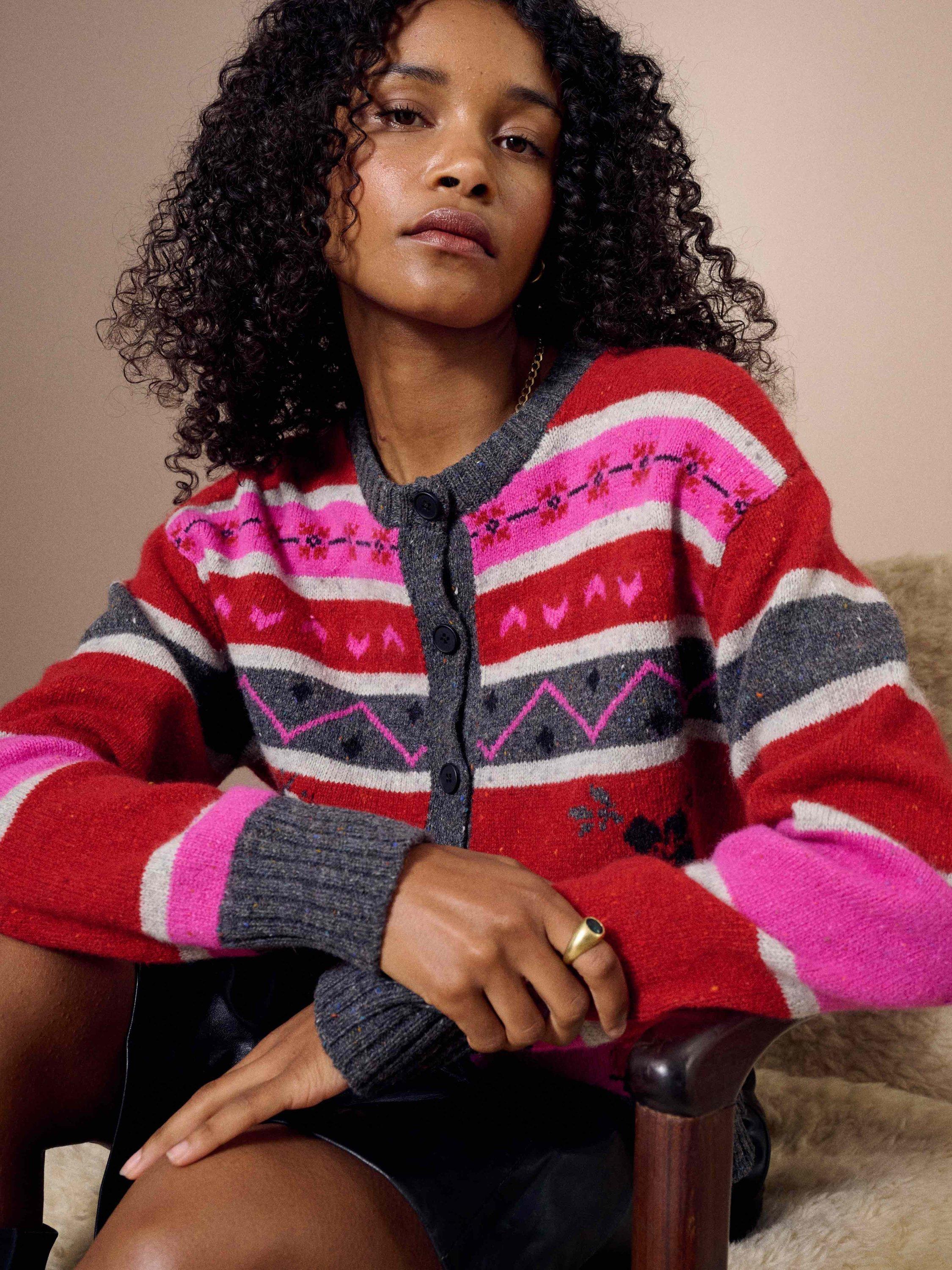 Product image 2 of 5, which shows Brora Folk Stripe Pure Wool Cardigan, Ruby/Hot Pink, 8-10