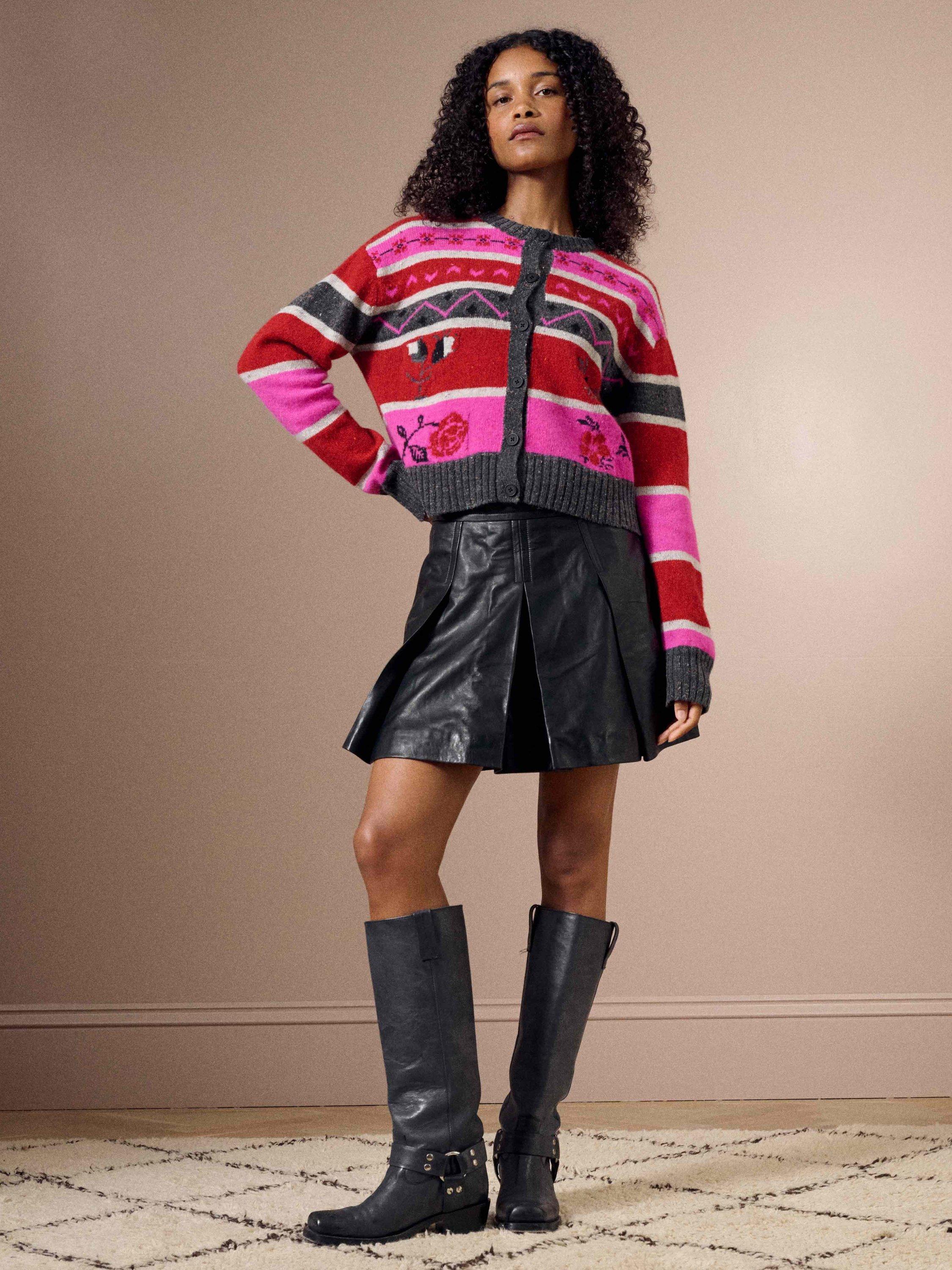 Product image 3 of 5, which shows Brora Folk Stripe Pure Wool Cardigan, Ruby/Hot Pink, 8-10