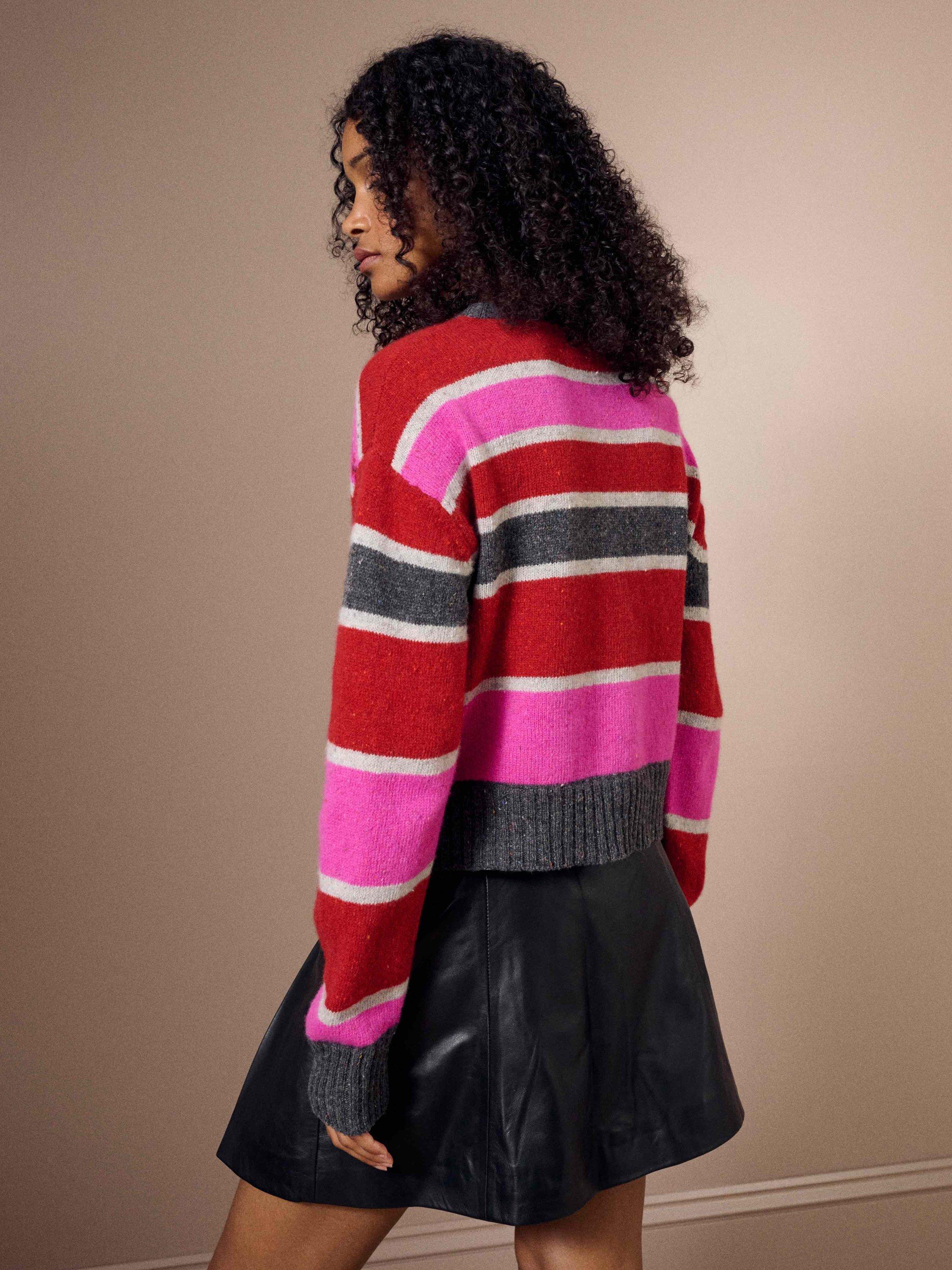 Product image 4 of 5, which shows Brora Folk Stripe Pure Wool Cardigan, Ruby/Hot Pink, 8-10