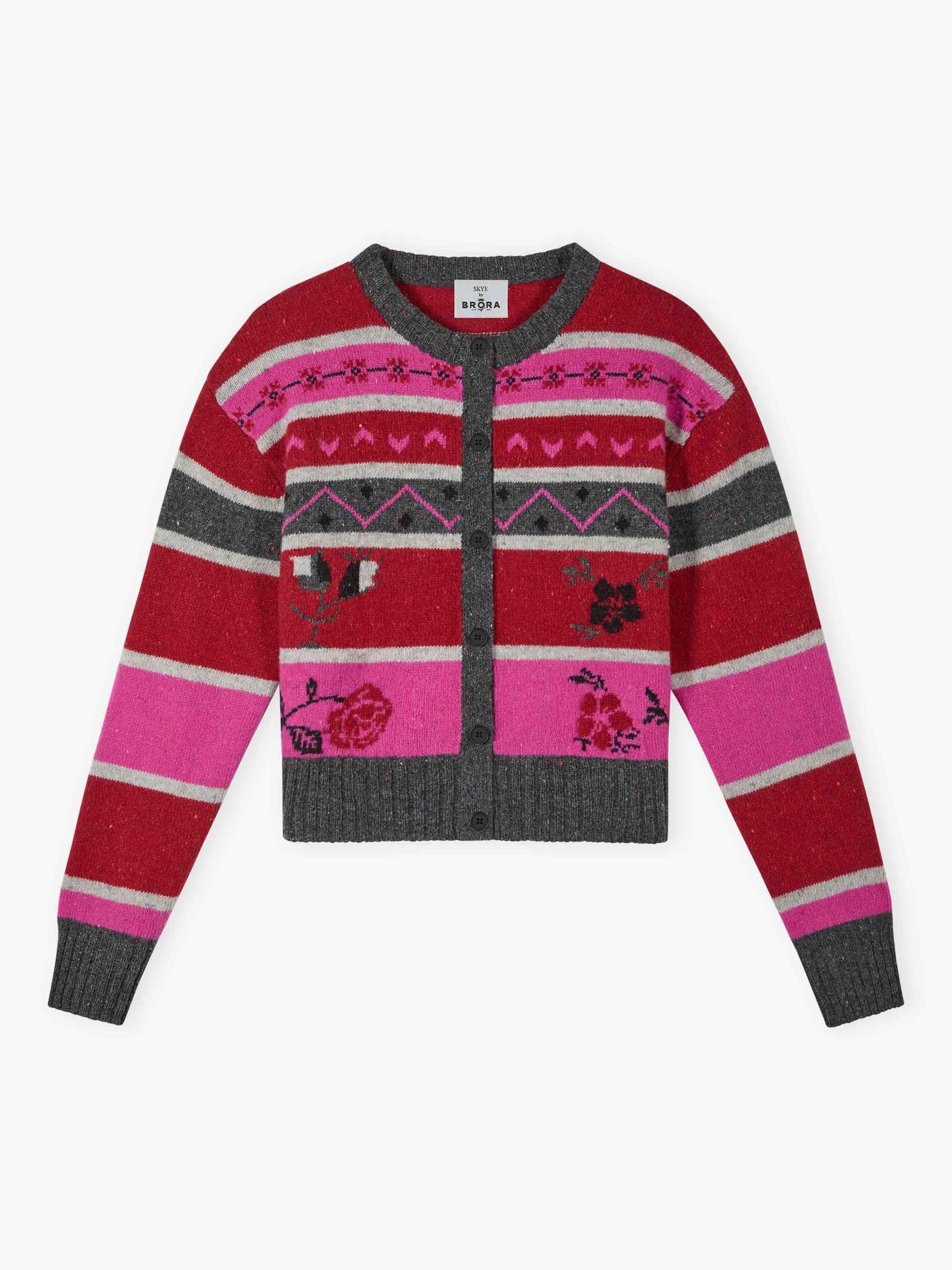 Product image 5 of 5, which shows Brora Folk Stripe Pure Wool Cardigan, Ruby/Hot Pink, 8-10