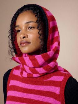 Brora Stripe Pure Wool Hooded Scarf, Ruby/Hot Pink - view 2, Ruby/Hot Pink