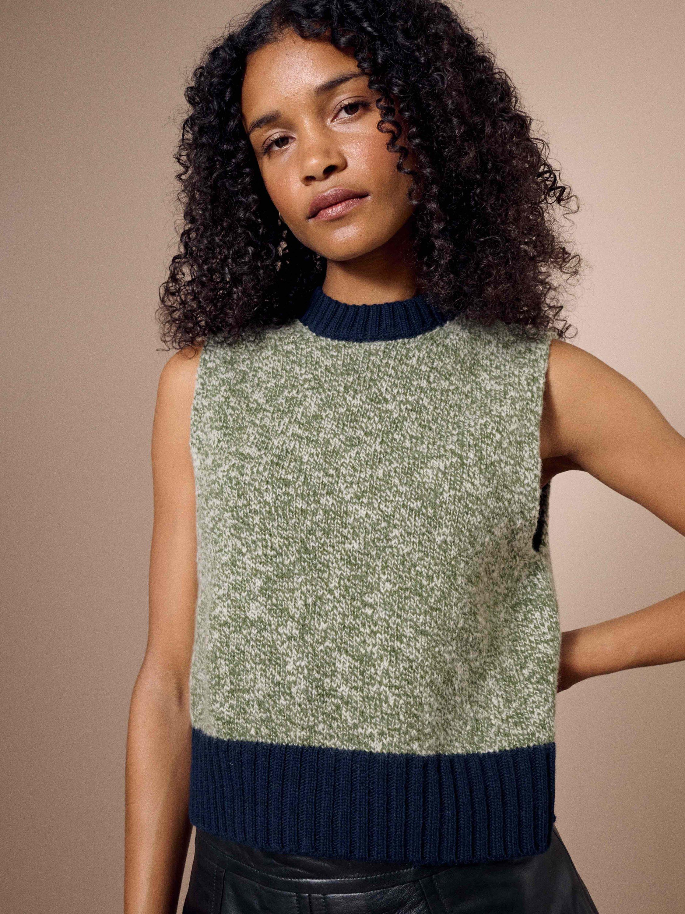 Product image 3 of 5, which shows Brora Marled Pure Wool Tank Top, Navy/Moss, 6