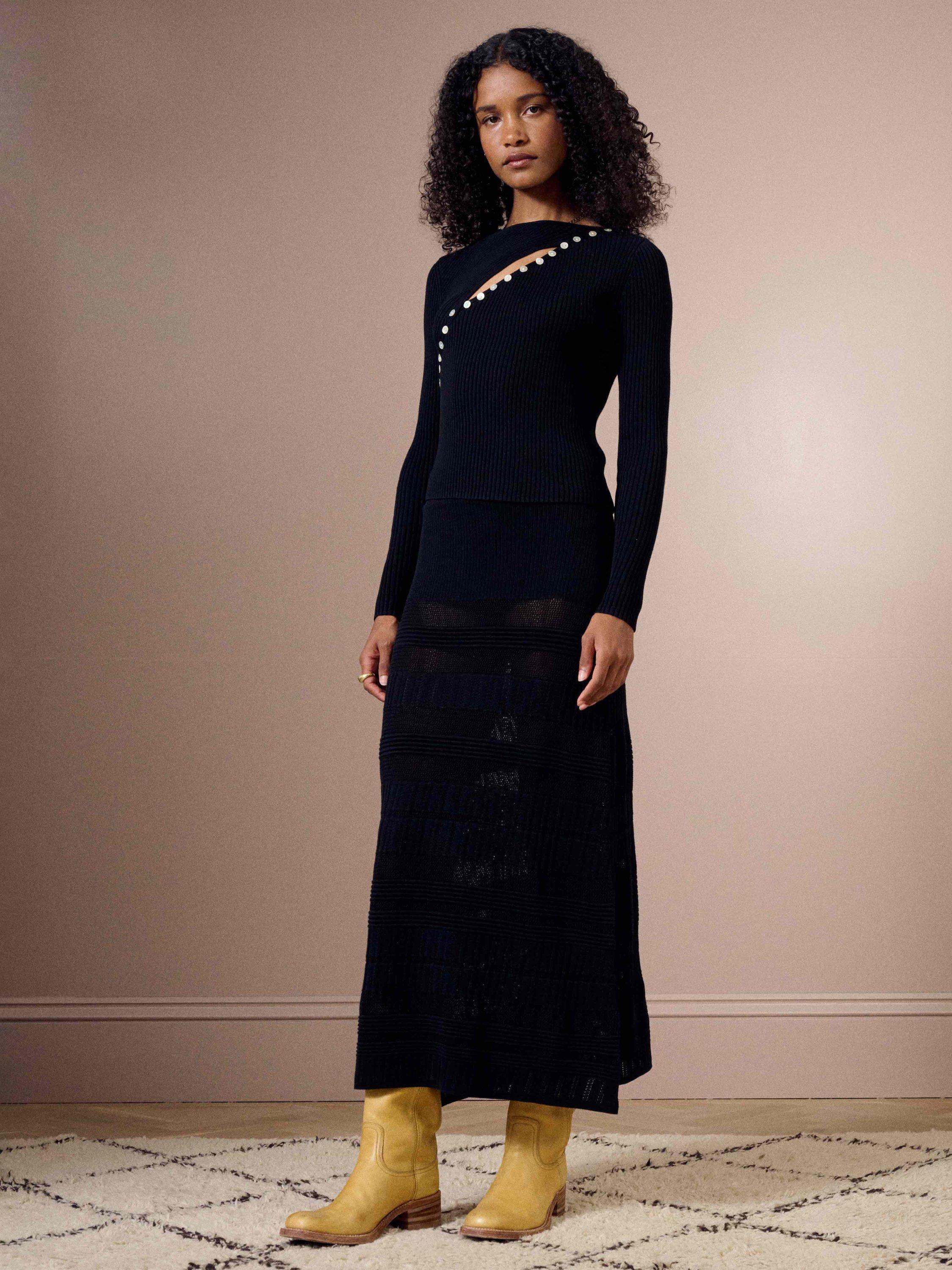 Product image 1 of 5, which shows Brora Sheer Panel Knitted Midi Skirt, Black, 8-10