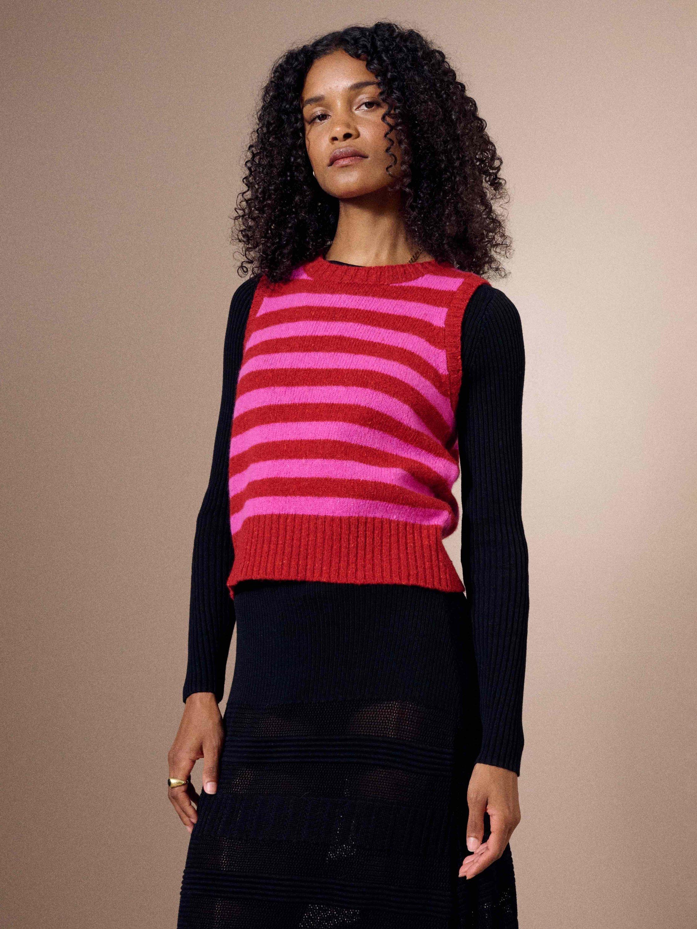 Product image 1 of 5, which shows Brora Pure Wool Sleeveless Striped Tank Top, Ruby/Hot Pink, 8-10