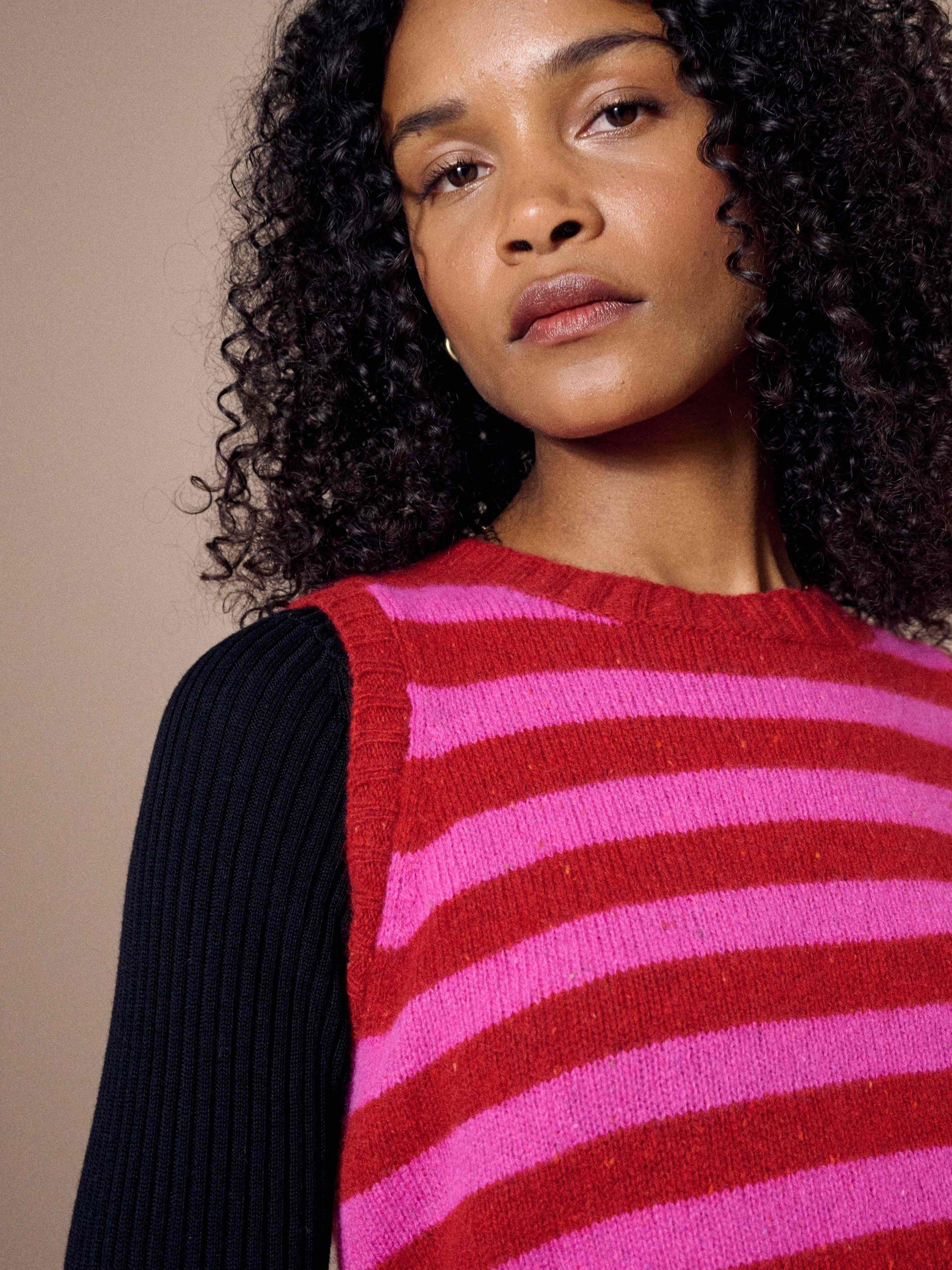 Product image 3 of 5, which shows Brora Pure Wool Sleeveless Striped Tank Top, Ruby/Hot Pink, 8-10
