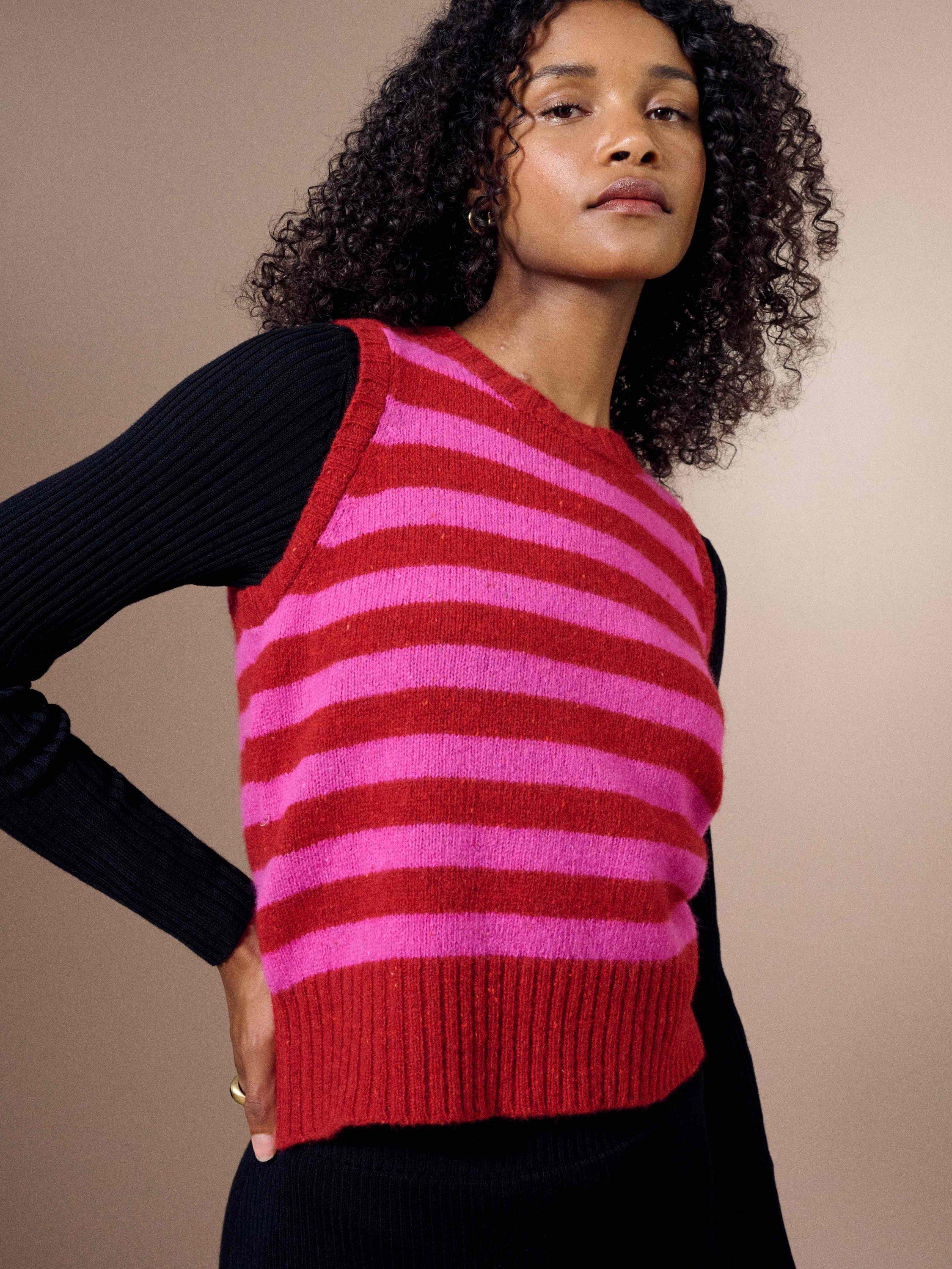 Product image 4 of 5, which shows Brora Pure Wool Sleeveless Striped Tank Top, Ruby/Hot Pink, 8-10