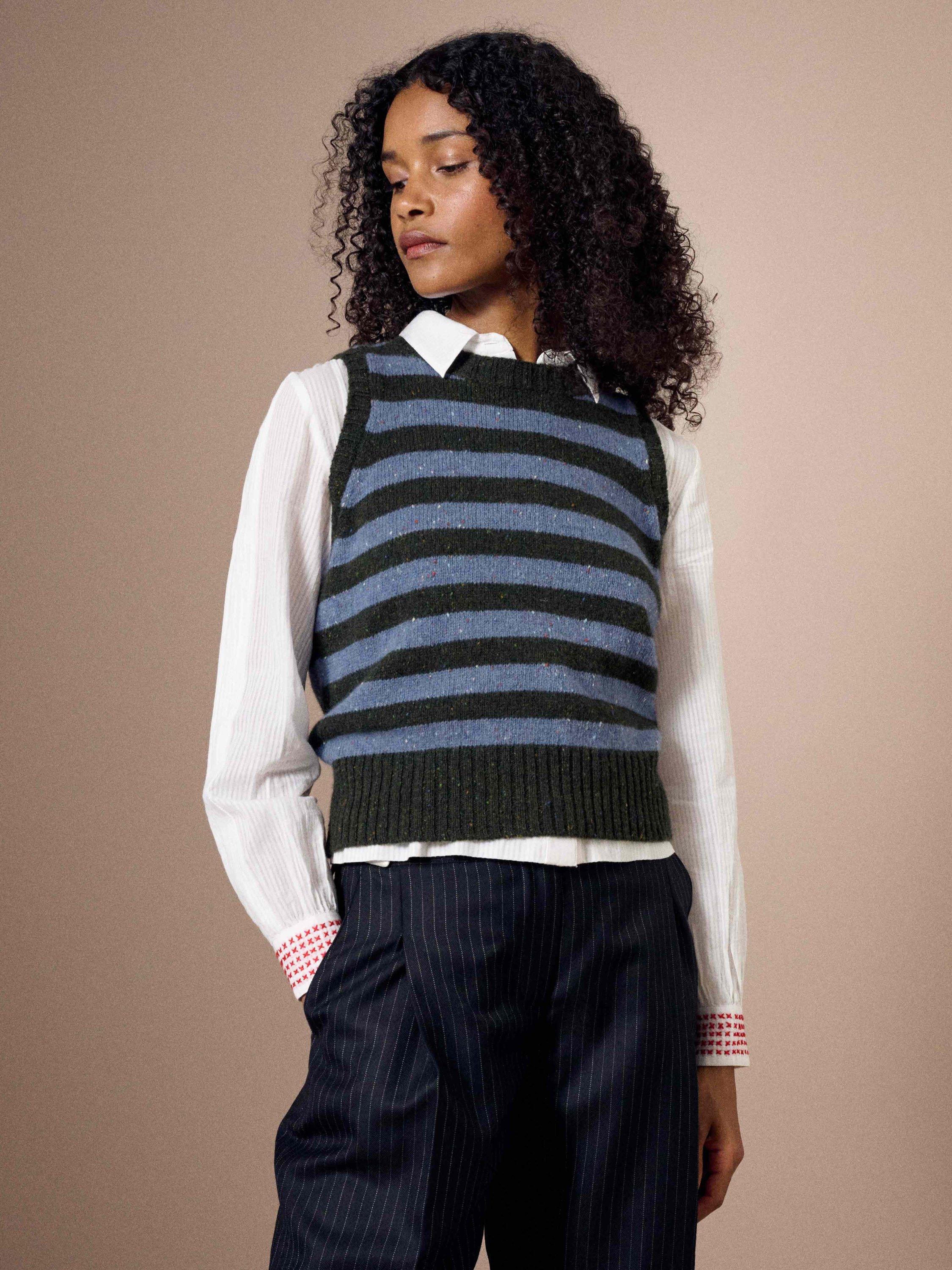 Product image 1 of 4, which shows Brora Stripe Pure Wool Tank Top, Storm/Fern, 8-10