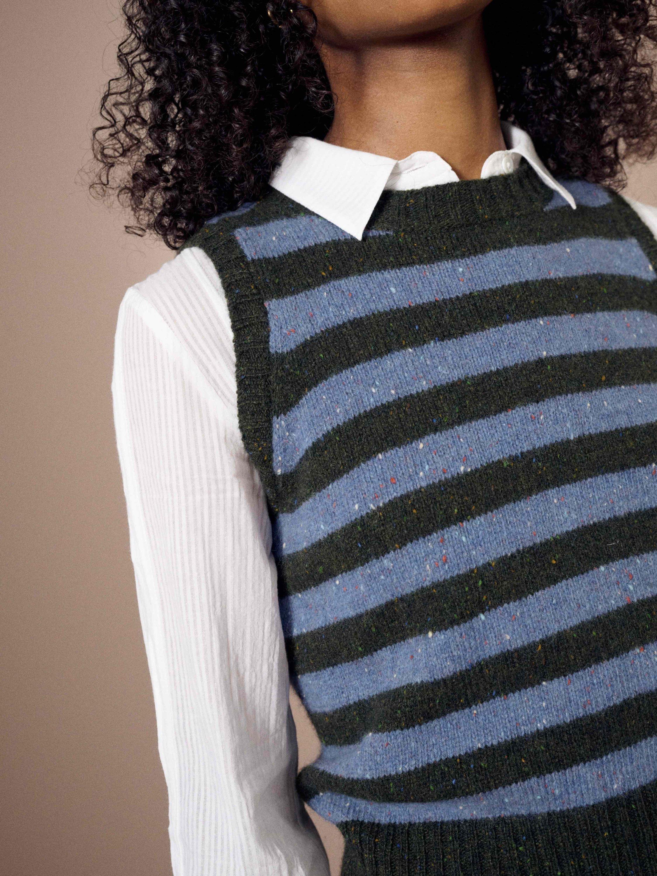 Product image 2 of 4, which shows Brora Stripe Pure Wool Tank Top, Storm/Fern, 8-10