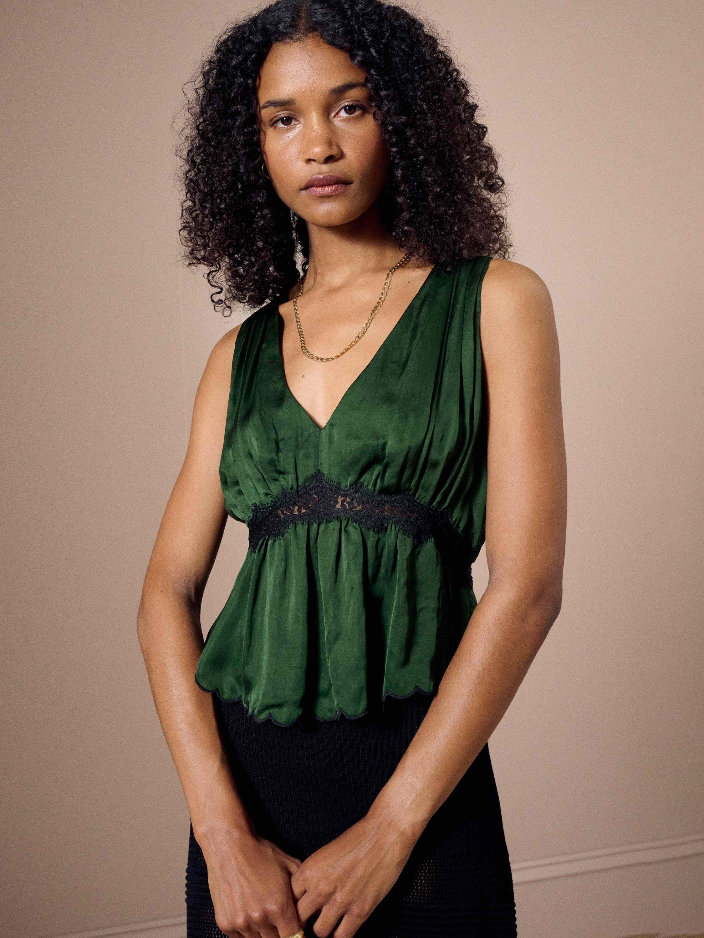 Product image 1 of 5, which shows Brora Lace Trim Satin Camisole Top, Ivy, 6