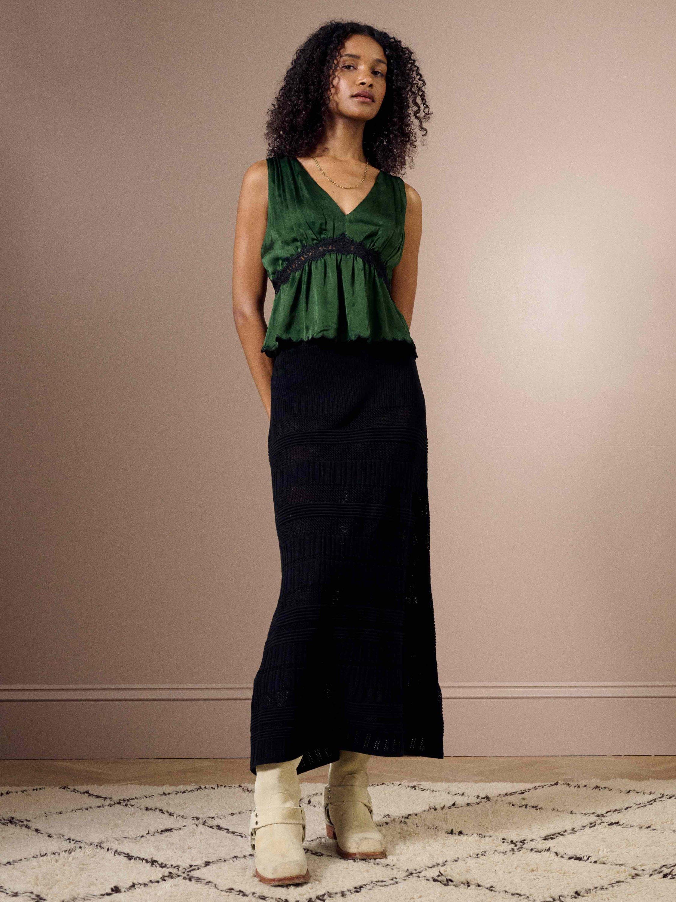 Product image 2 of 5, which shows Brora Lace Trim Satin Camisole Top, Ivy, 6