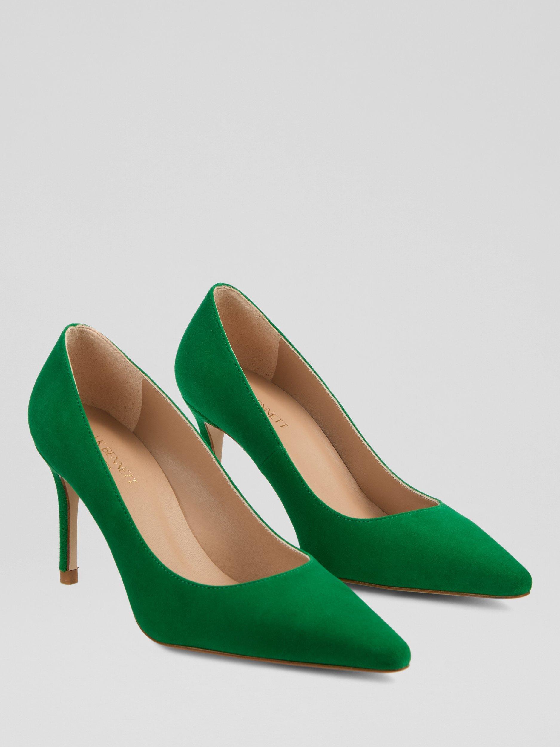 Product image 2 of 3, which shows L.K.Bennett Floret Suede Pointed Court Shoes, Mint Leaf, 2