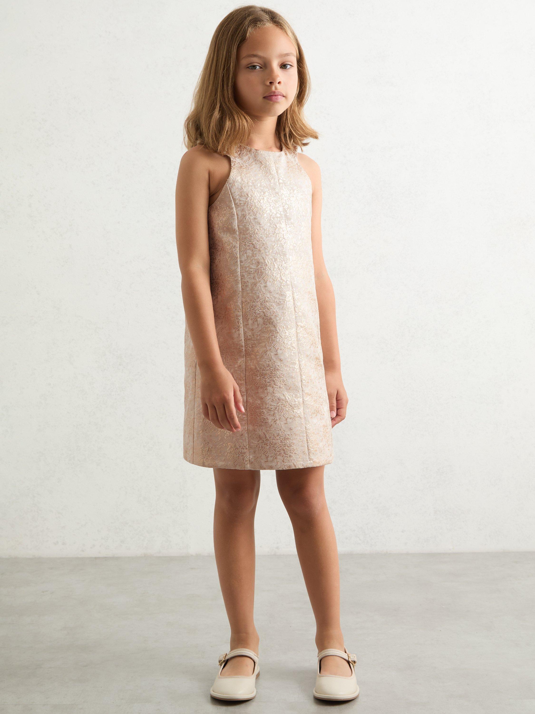 Product image 1 of 4, which shows Reiss Kids' Celia Metallic Jacquard Shift Dress, Silver, 3-4 years