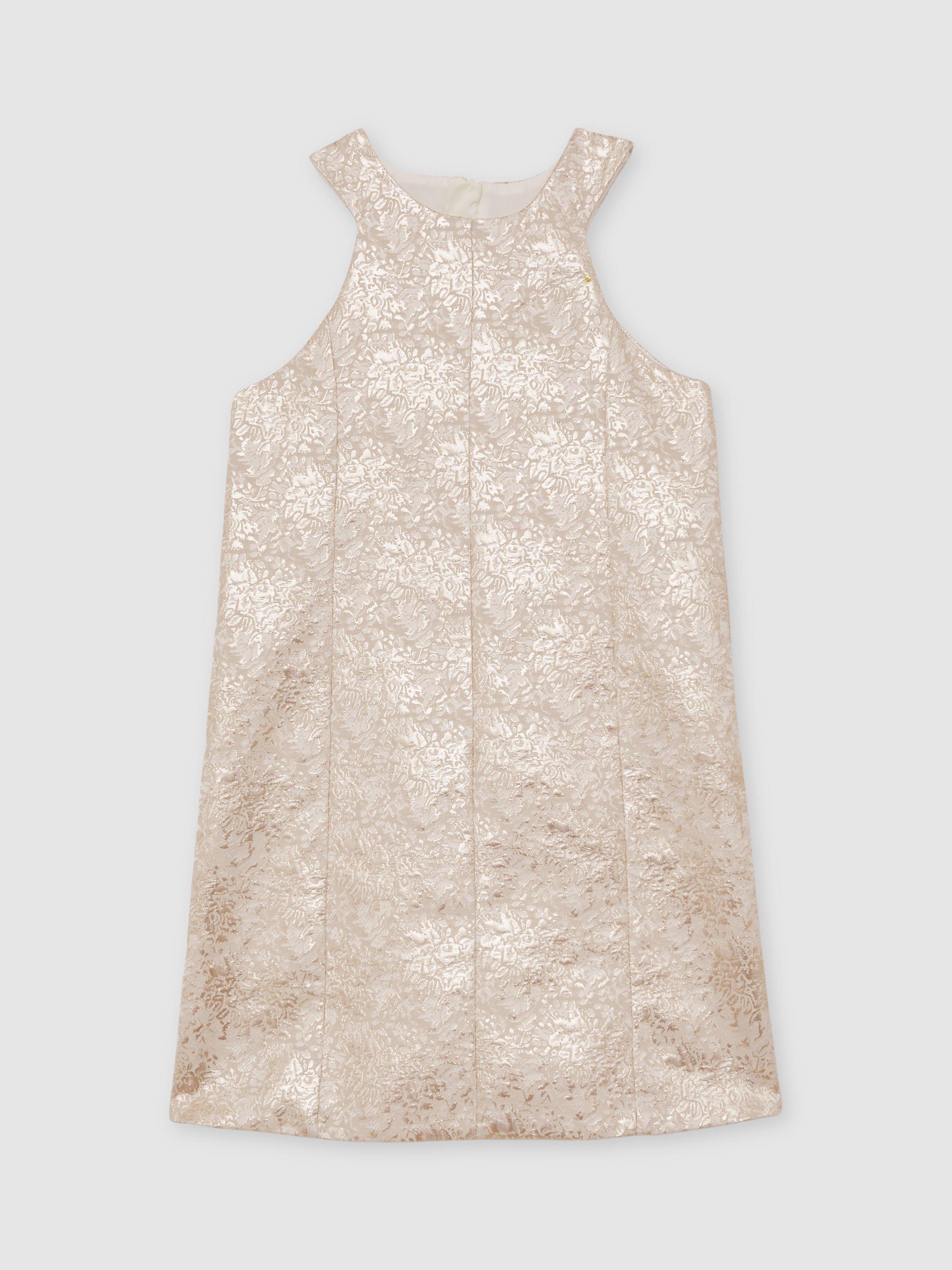Product image 2 of 4, which shows Reiss Kids' Celia Metallic Jacquard Shift Dress, Silver, 3-4 years