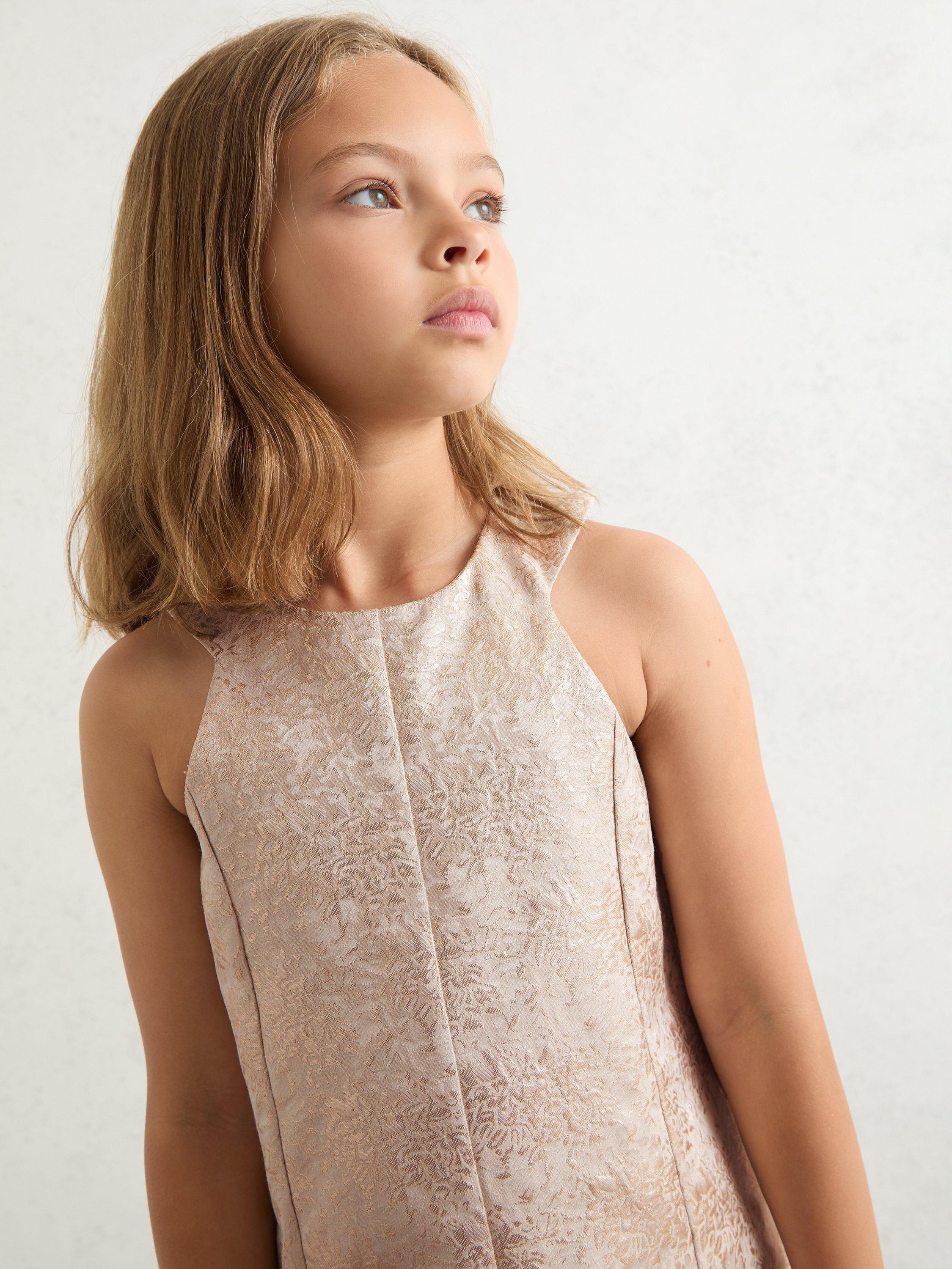 Product image 3 of 4, which shows Reiss Kids' Celia Metallic Jacquard Shift Dress, Silver, 3-4 years