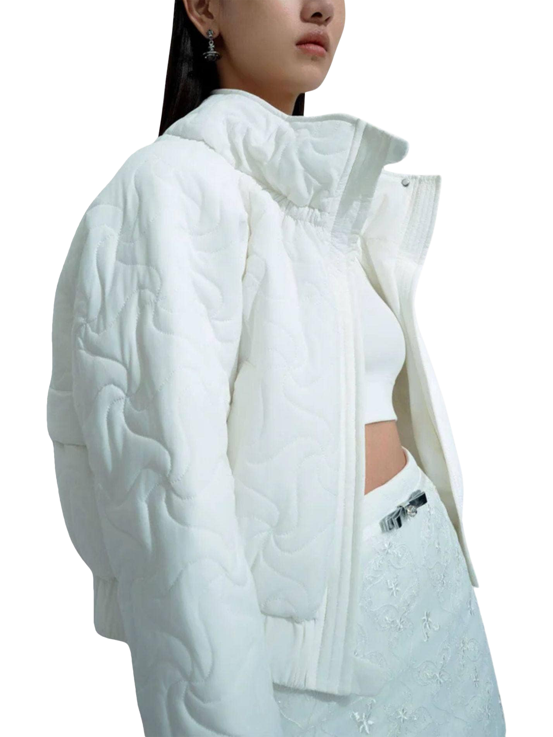 Product image 2 of 5, which shows Bosideng Floral Stitch Cropped Down Jacket, White, 6