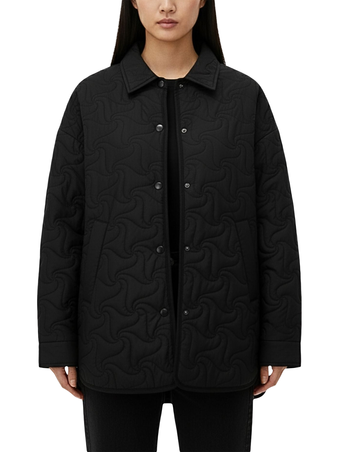 Product image 1 of 5, which shows Bosideng Floral Stitch Goose Down Shacket, Black, 6