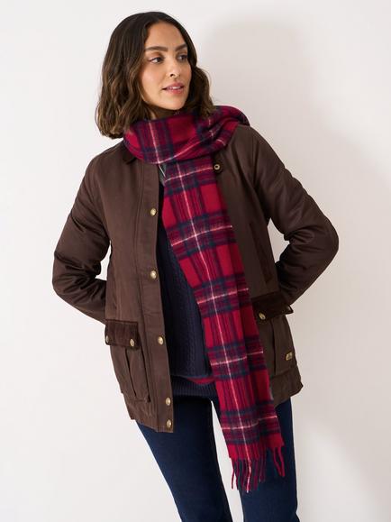 Crew Clothing Check Pure Wool Scarf, Red Wine - view 2, Red Wine