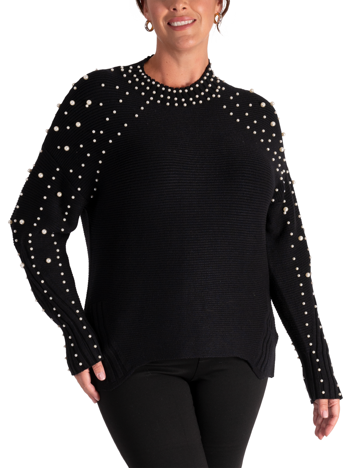 Product image 1 of 6, which shows chesca Knitted Oversized Pearl Embellished Jumper, Black, 14-16