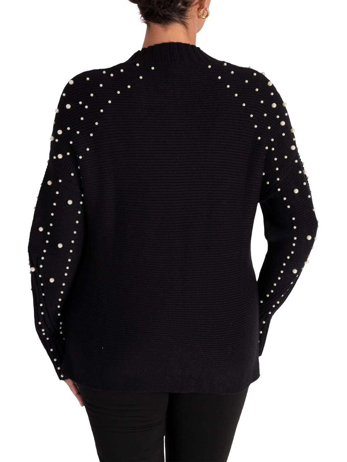 Product image 2 of 6, which shows chesca Knitted Oversized Pearl Embellished Jumper, Black, 14-16