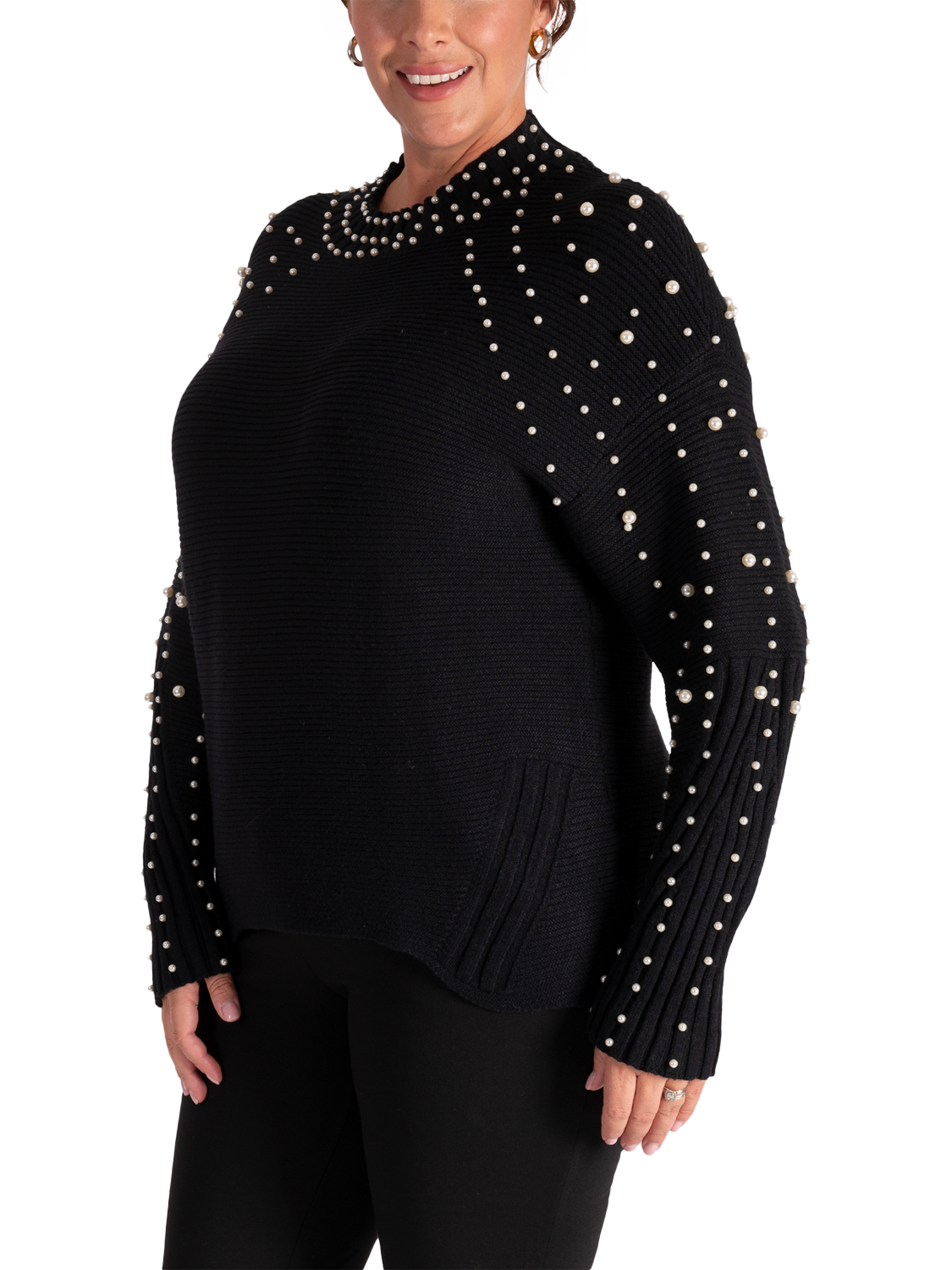 Product image 3 of 6, which shows chesca Knitted Oversized Pearl Embellished Jumper, Black, 14-16