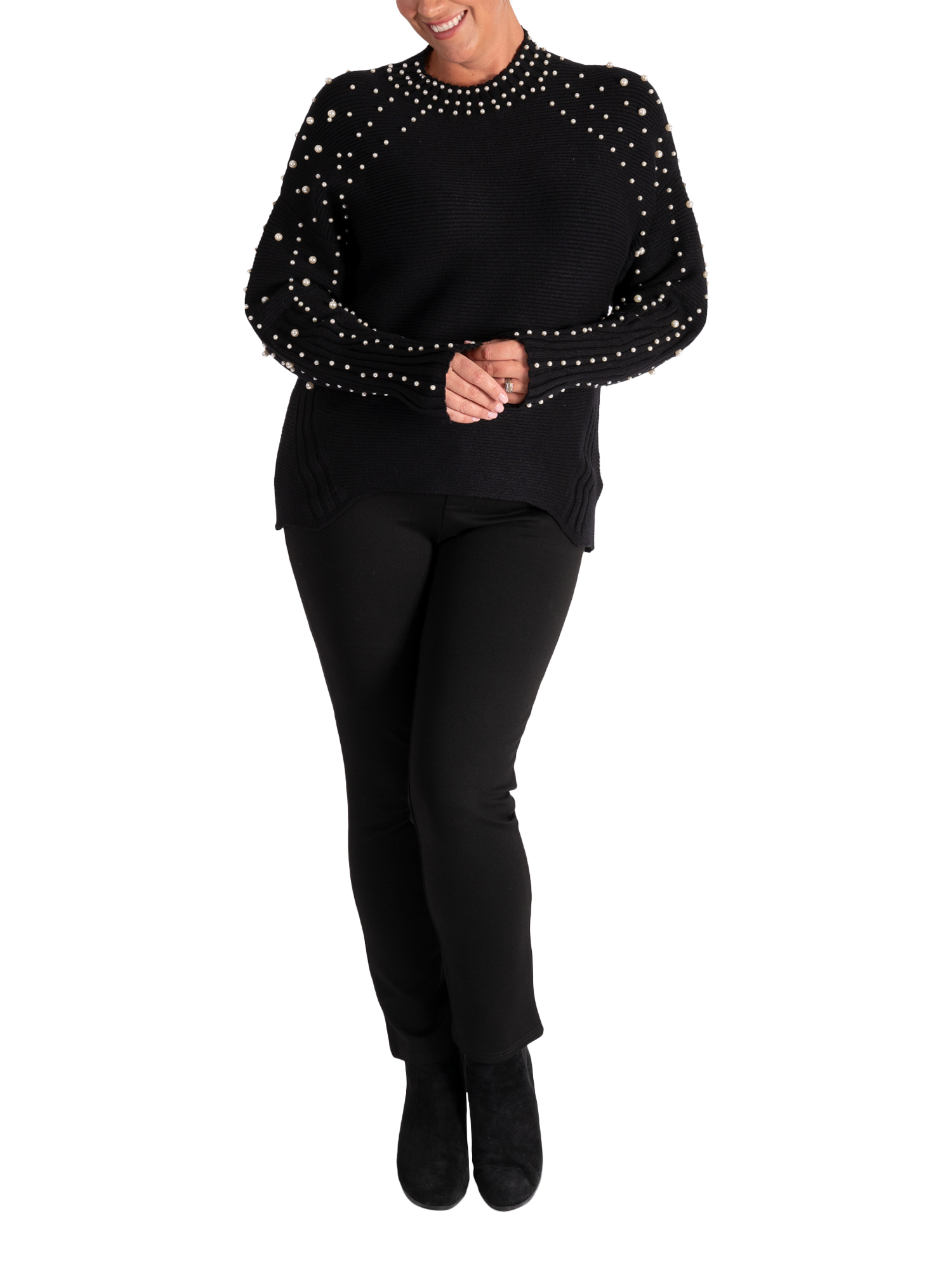 Product image 5 of 6, which shows chesca Knitted Oversized Pearl Embellished Jumper, Black, 14-16