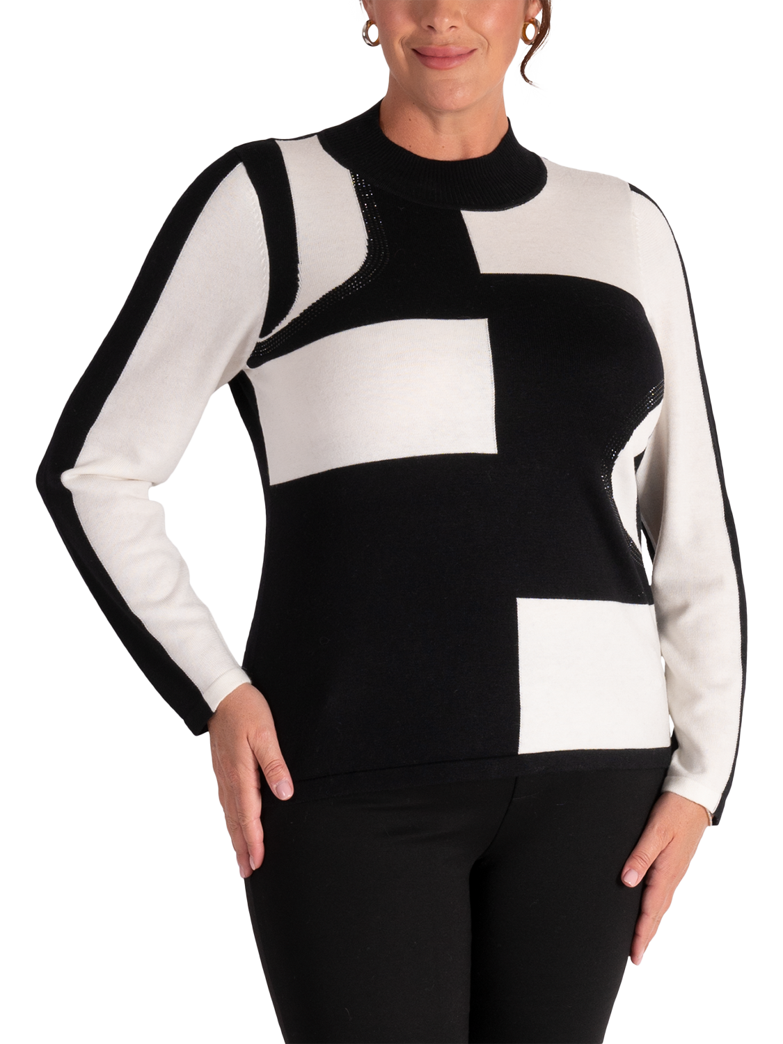 Product image 1 of 6, which shows chesca Fine Knit Monochrome Jumper, White/Black, 12-14