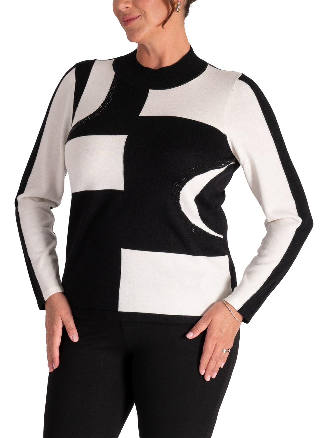 Product image 3 of 6, which shows chesca Fine Knit Monochrome Jumper, White/Black, 12-14