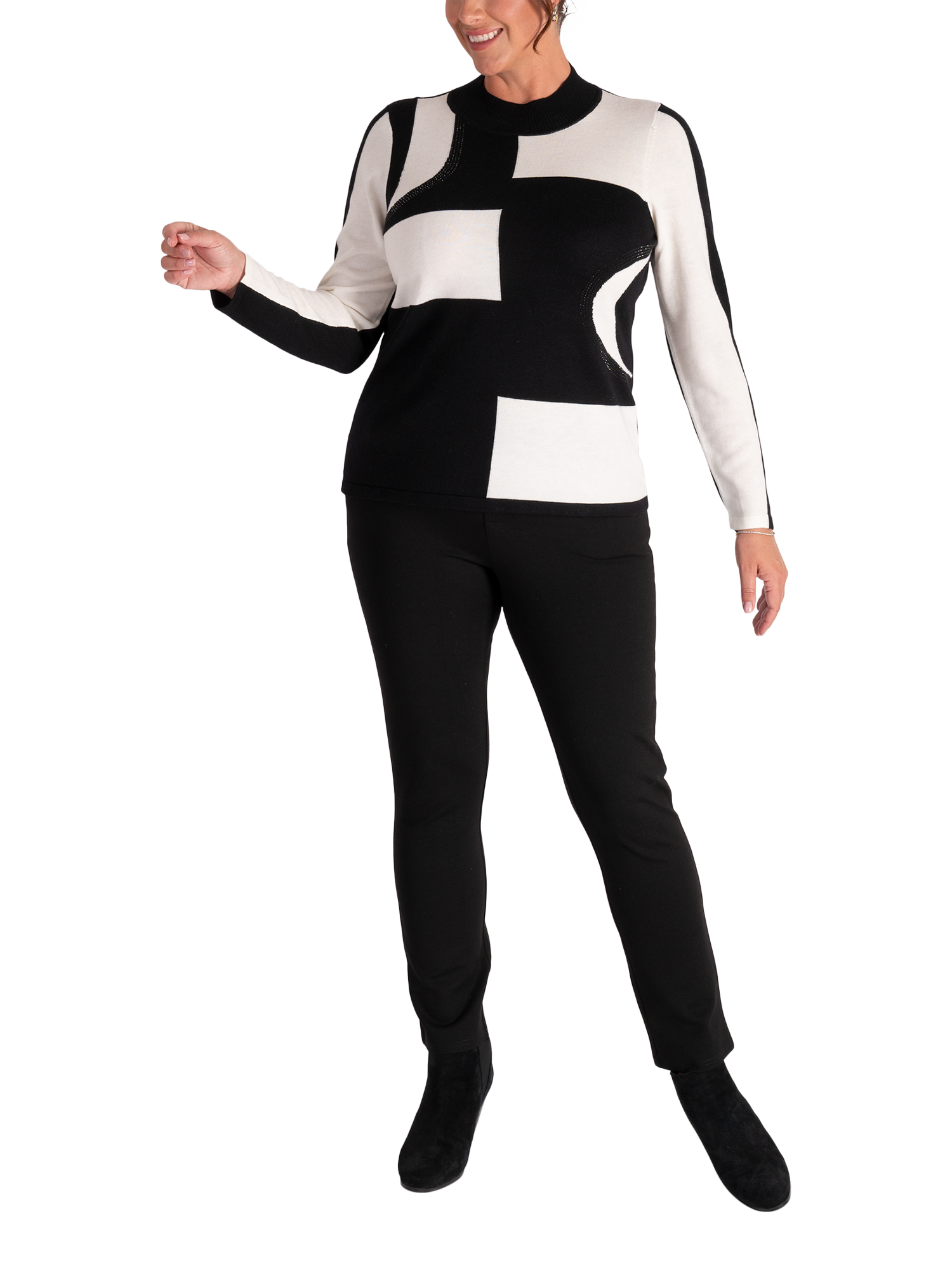 Product image 4 of 6, which shows chesca Fine Knit Monochrome Jumper, White/Black, 12-14