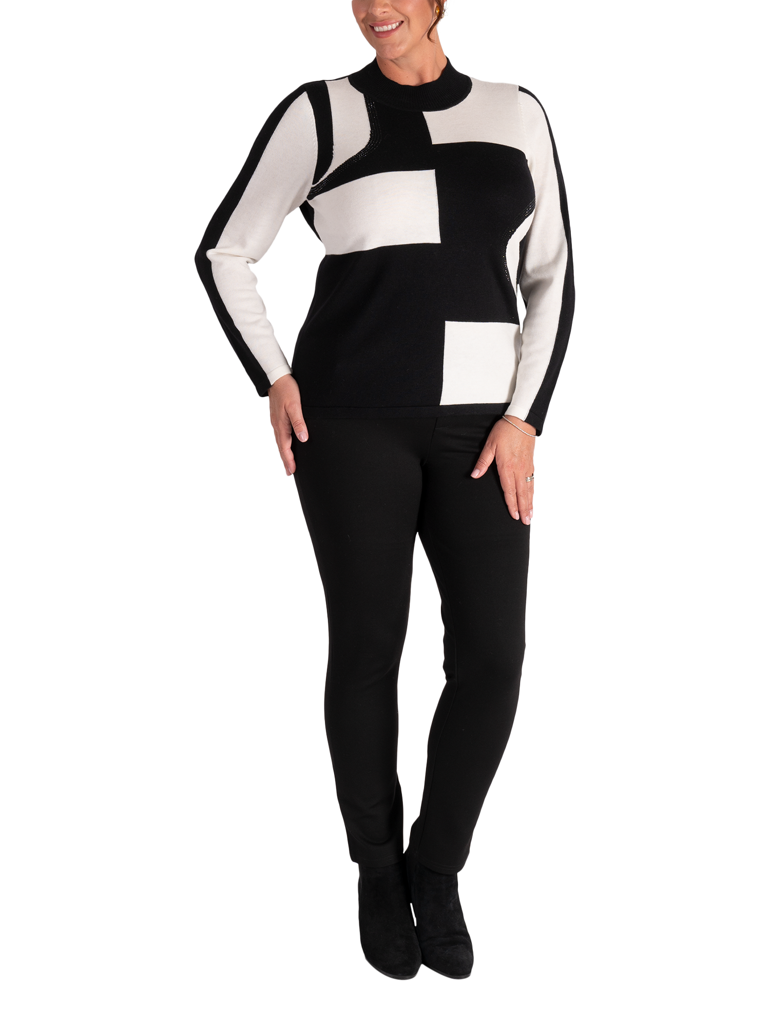 Product image 5 of 6, which shows chesca Fine Knit Monochrome Jumper, White/Black, 12-14