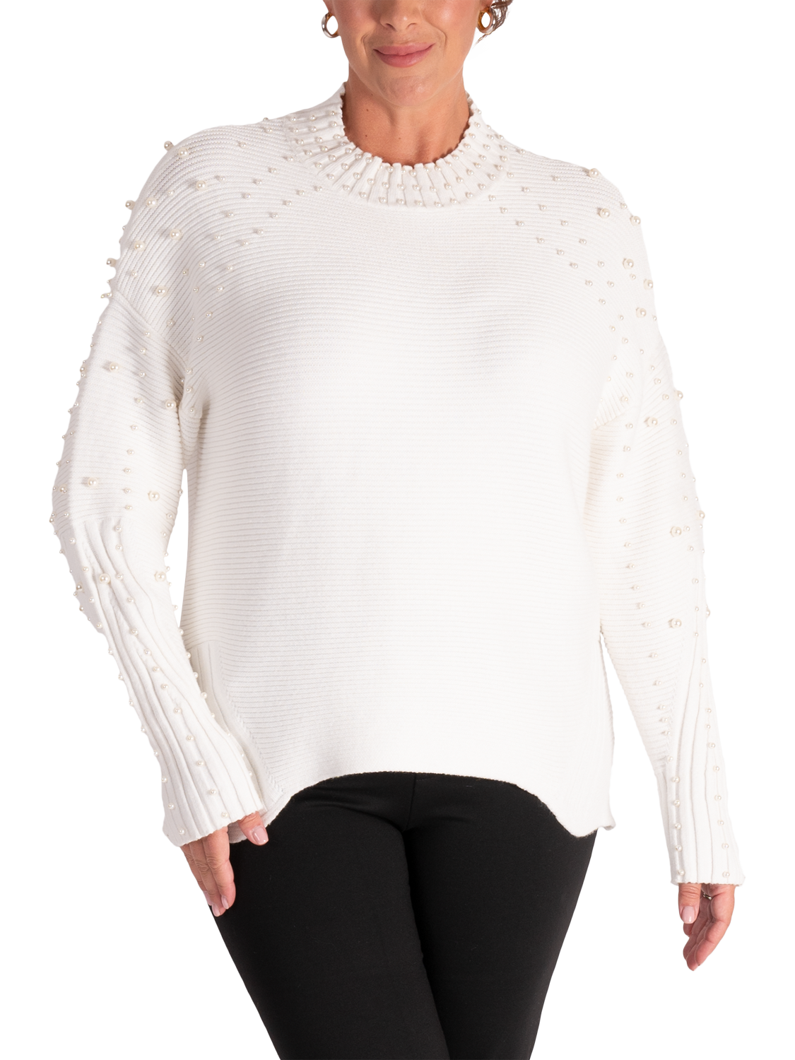 Product image 1 of 6, which shows chesca High Neck Pearl Embellished Jumper, White, 18-20