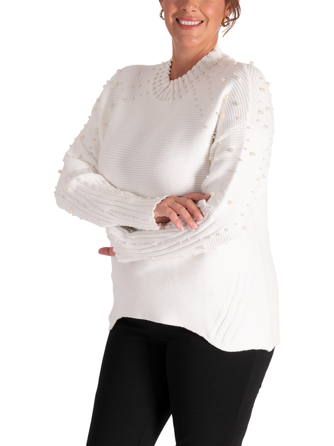 Product image 3 of 6, which shows chesca High Neck Pearl Embellished Jumper, White, 18-20
