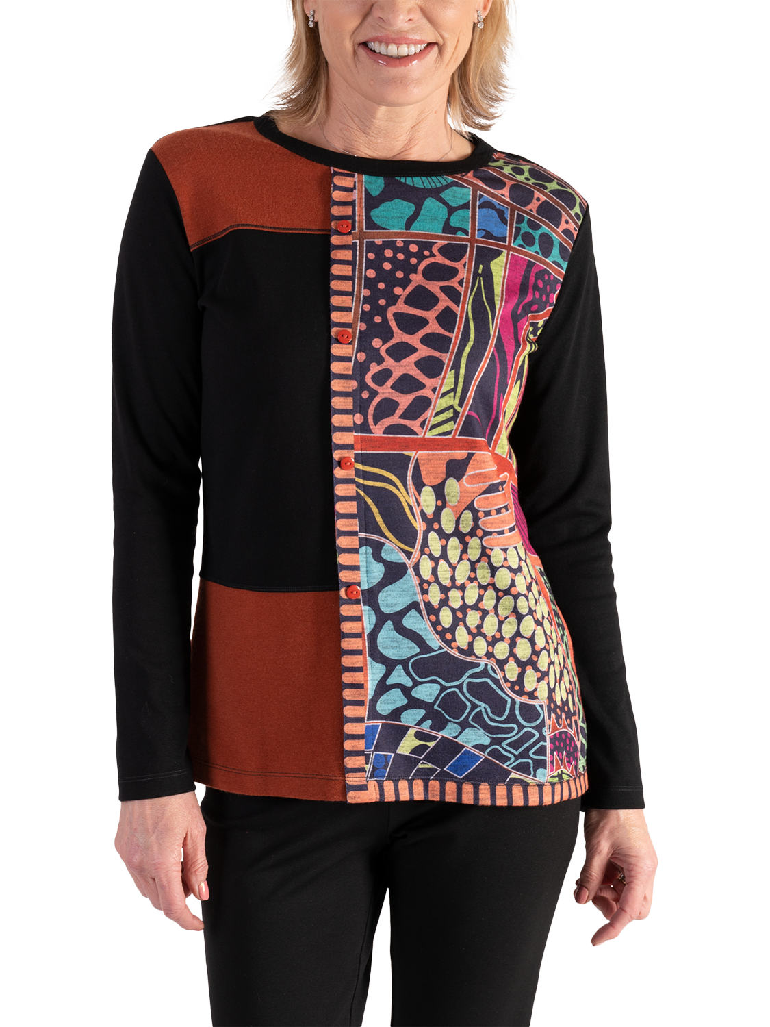 Product image 1 of 5, which shows chesca Cotton Blend Long Sleeved Panelled Top, Black/Multi, 10-12