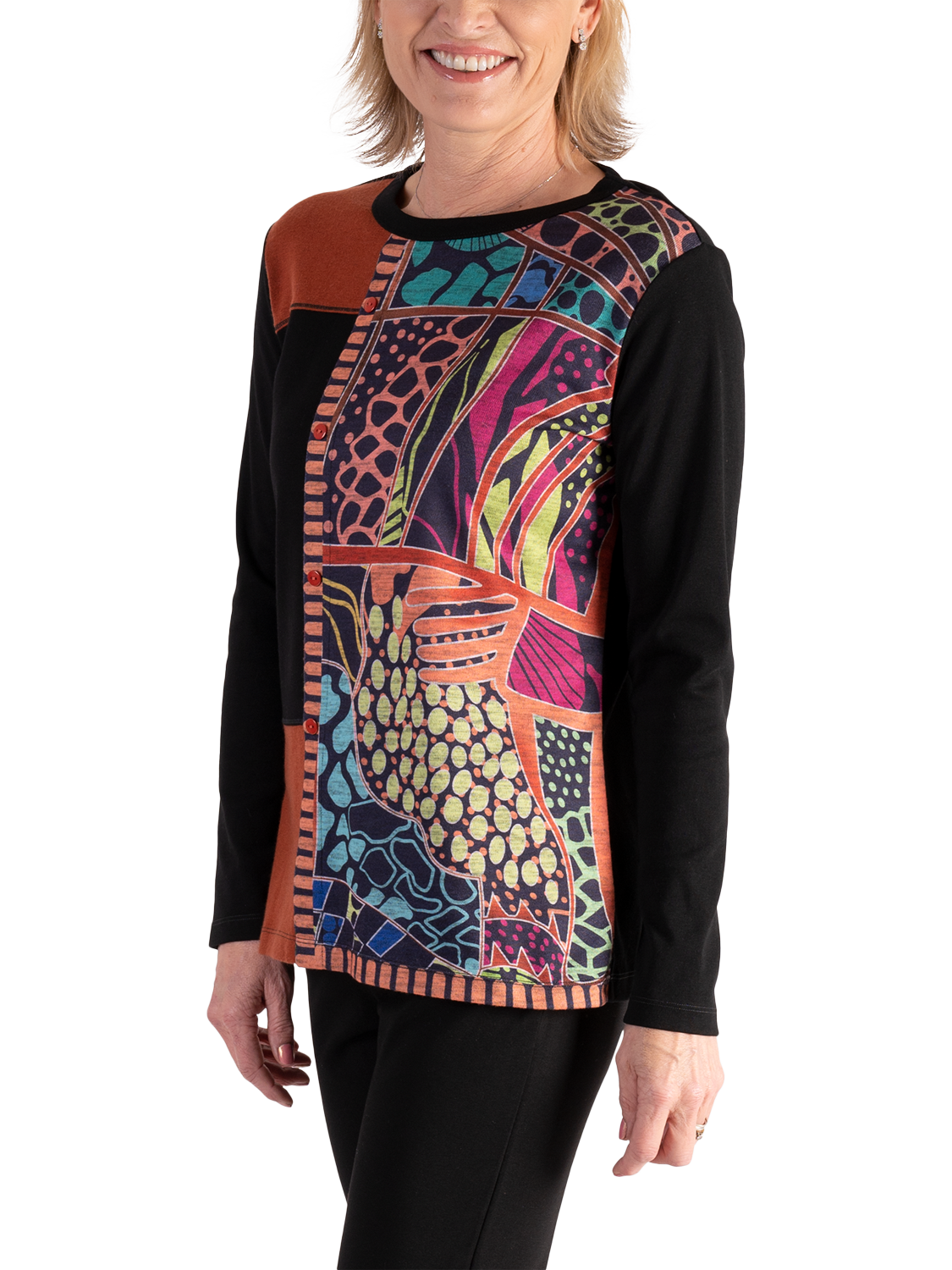 Product image 3 of 5, which shows chesca Cotton Blend Long Sleeved Panelled Top, Black/Multi, 10-12