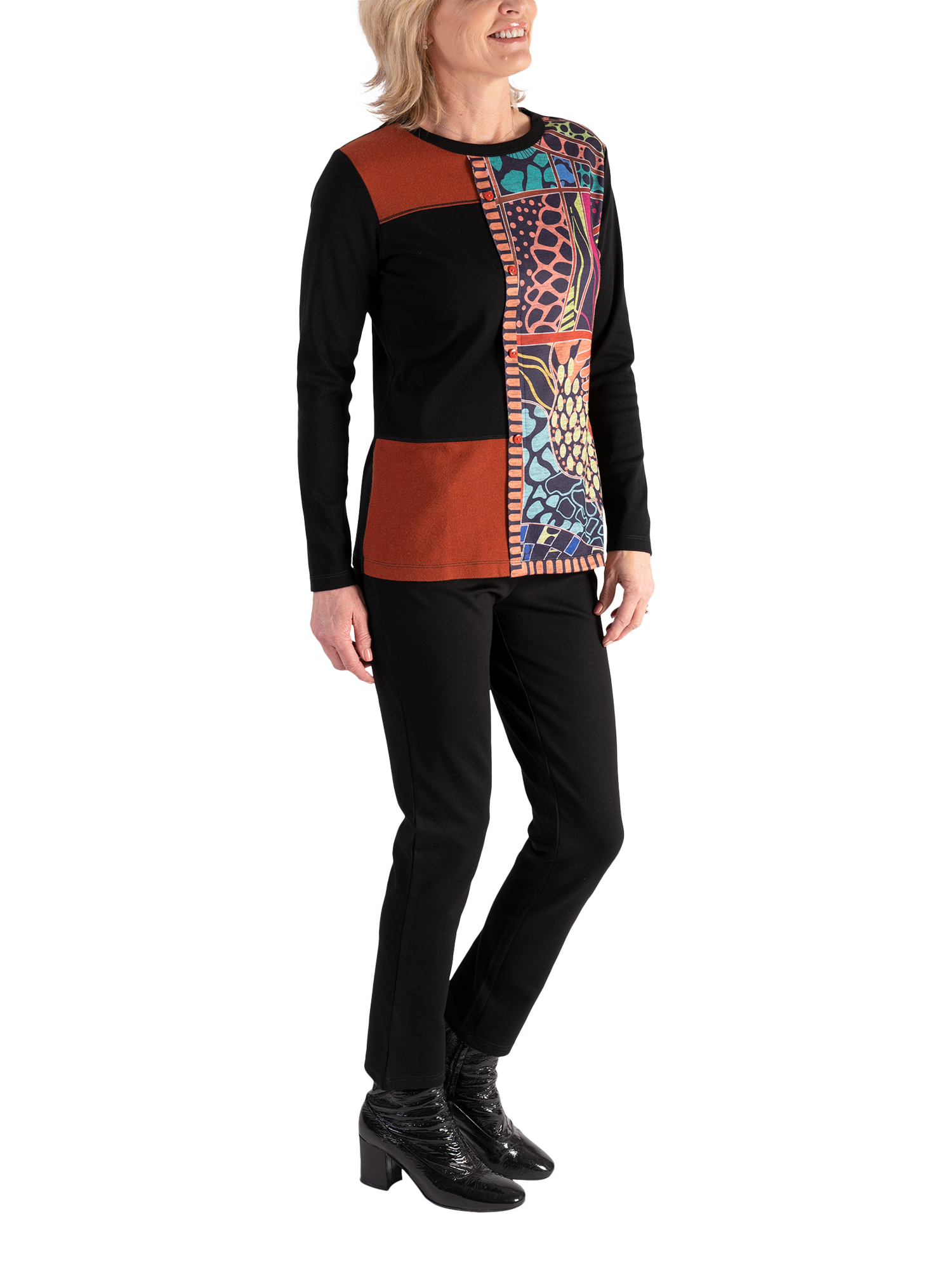 Product image 4 of 5, which shows chesca Cotton Blend Long Sleeved Panelled Top, Black/Multi, 10-12