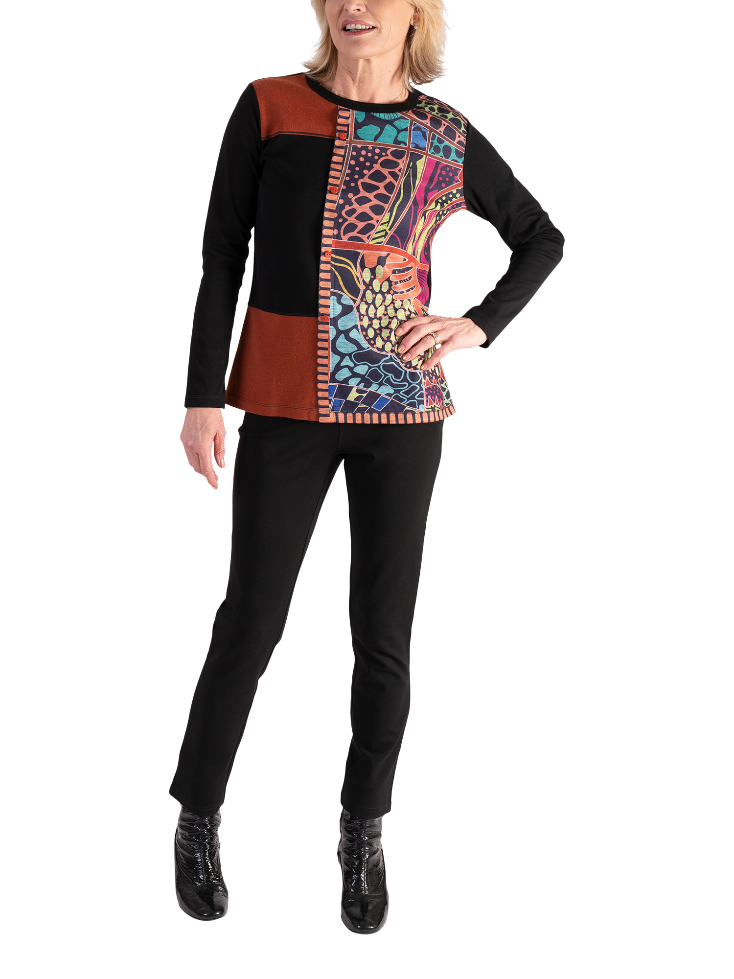 Product image 5 of 5, which shows chesca Cotton Blend Long Sleeved Panelled Top, Black/Multi, 10-12