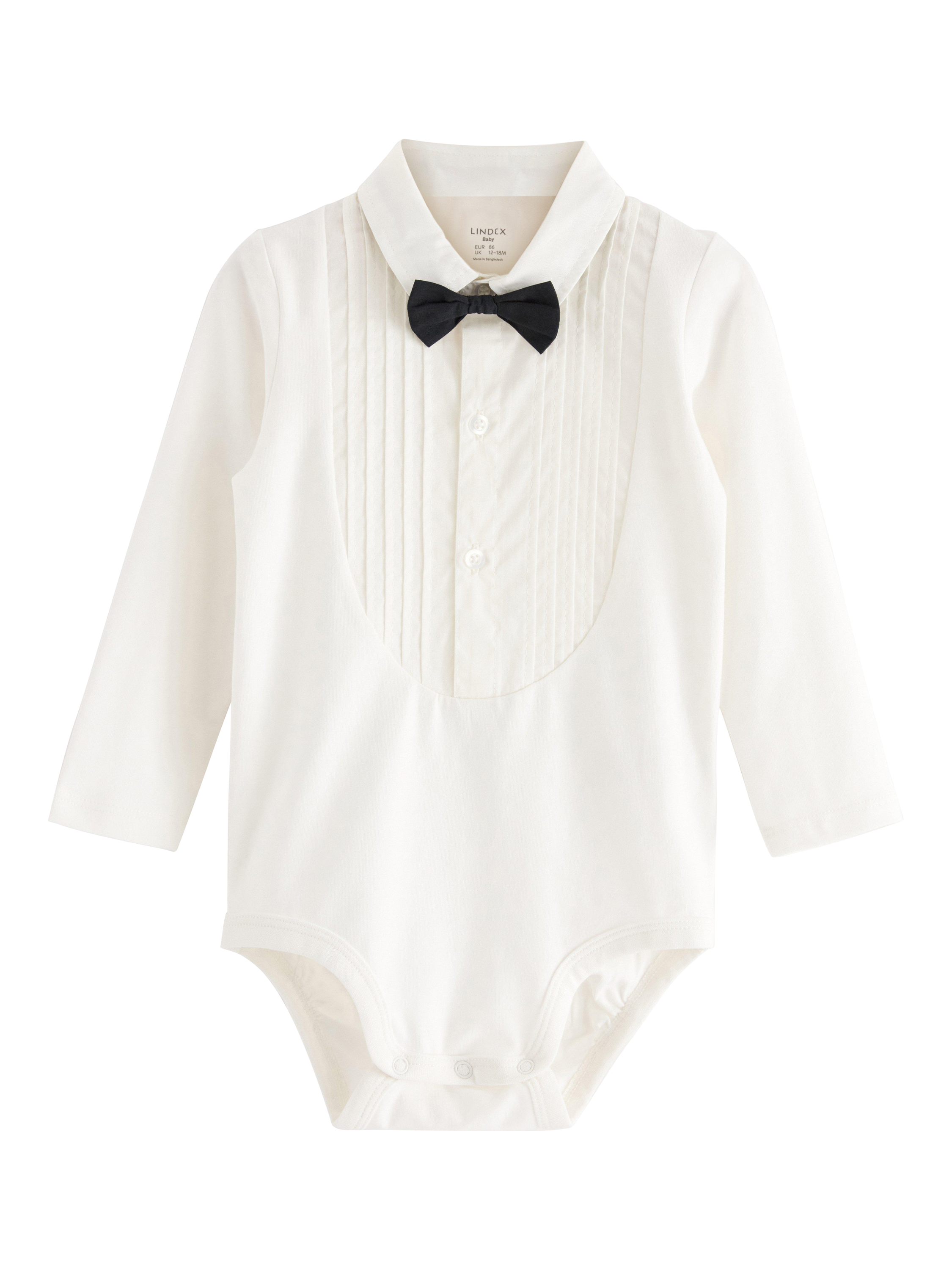Product image 1 of 3, which shows Lindex Baby's Cotton Blend Tuxedo Bodysuit , Light Dusty White, Up to 3 months|3-6 months