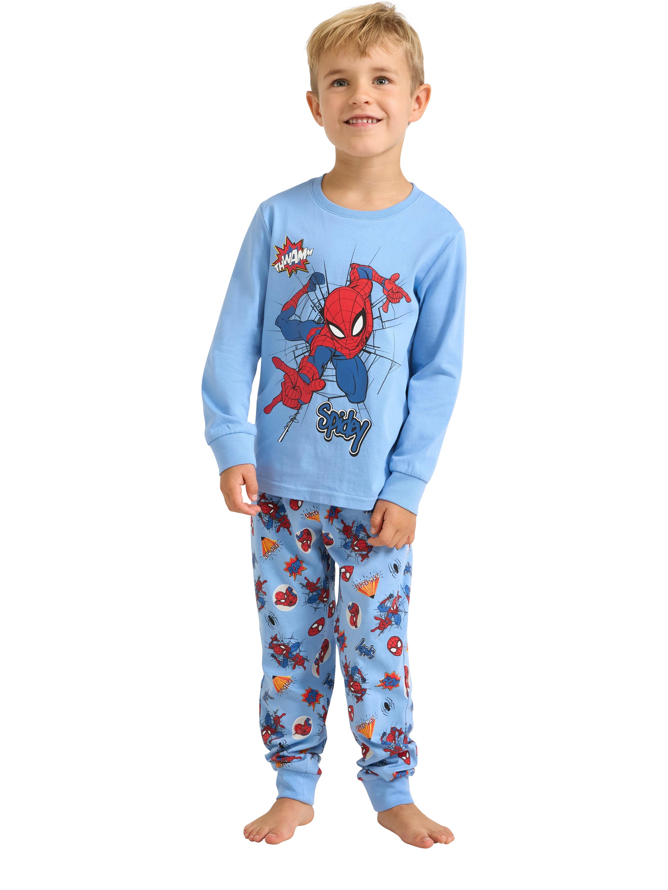 Product image 1 of 6, which shows Lindex Baby Spiderman Pyjama Set, Light Blue, 18-24 months
