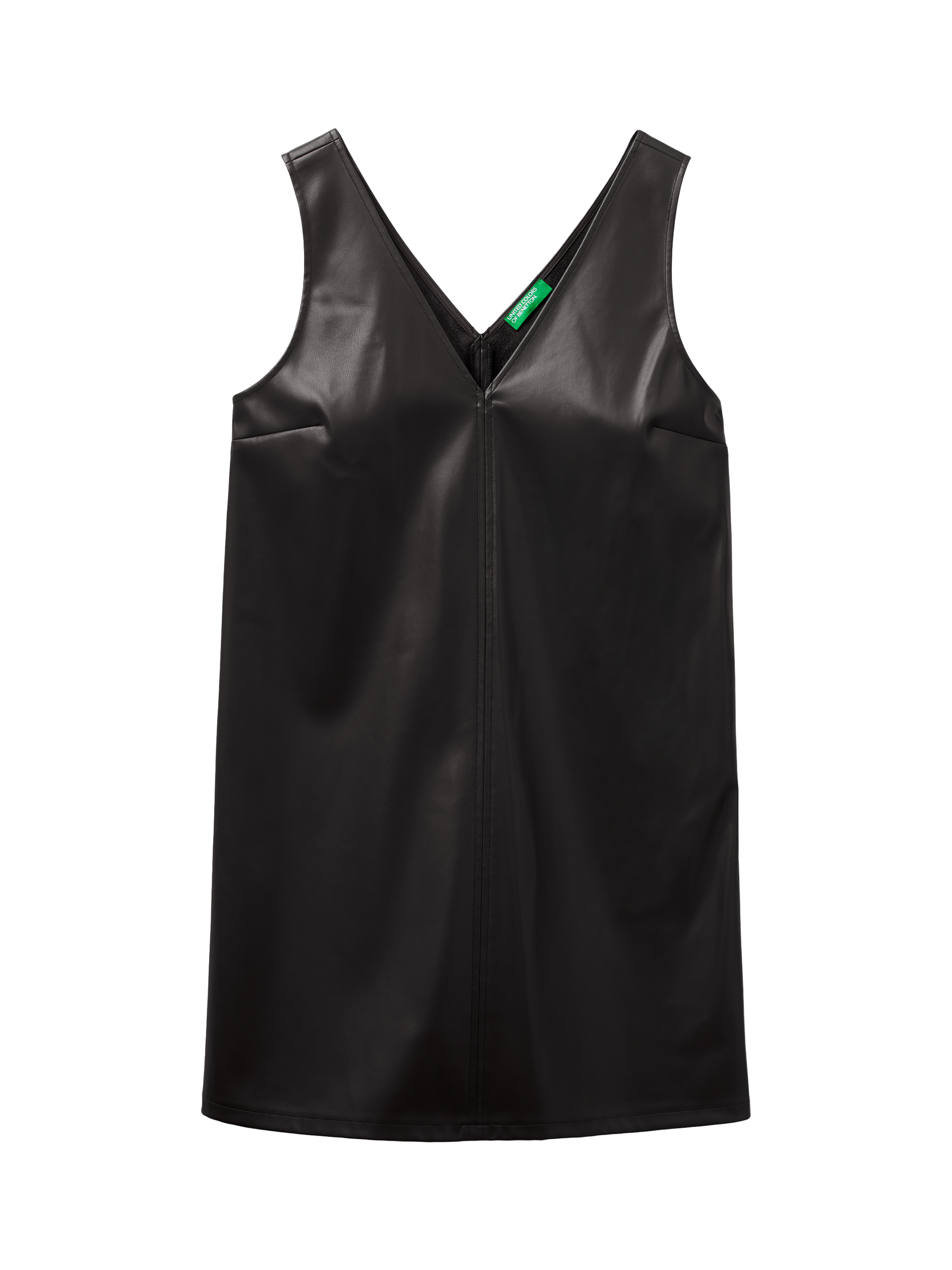 Product image 1 of 3, which shows Benetton Sleeveless V-Neck PU Mini Dress, Black, S