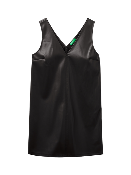 Benetton Sleeveless V-Neck PU Mini Dress, Black