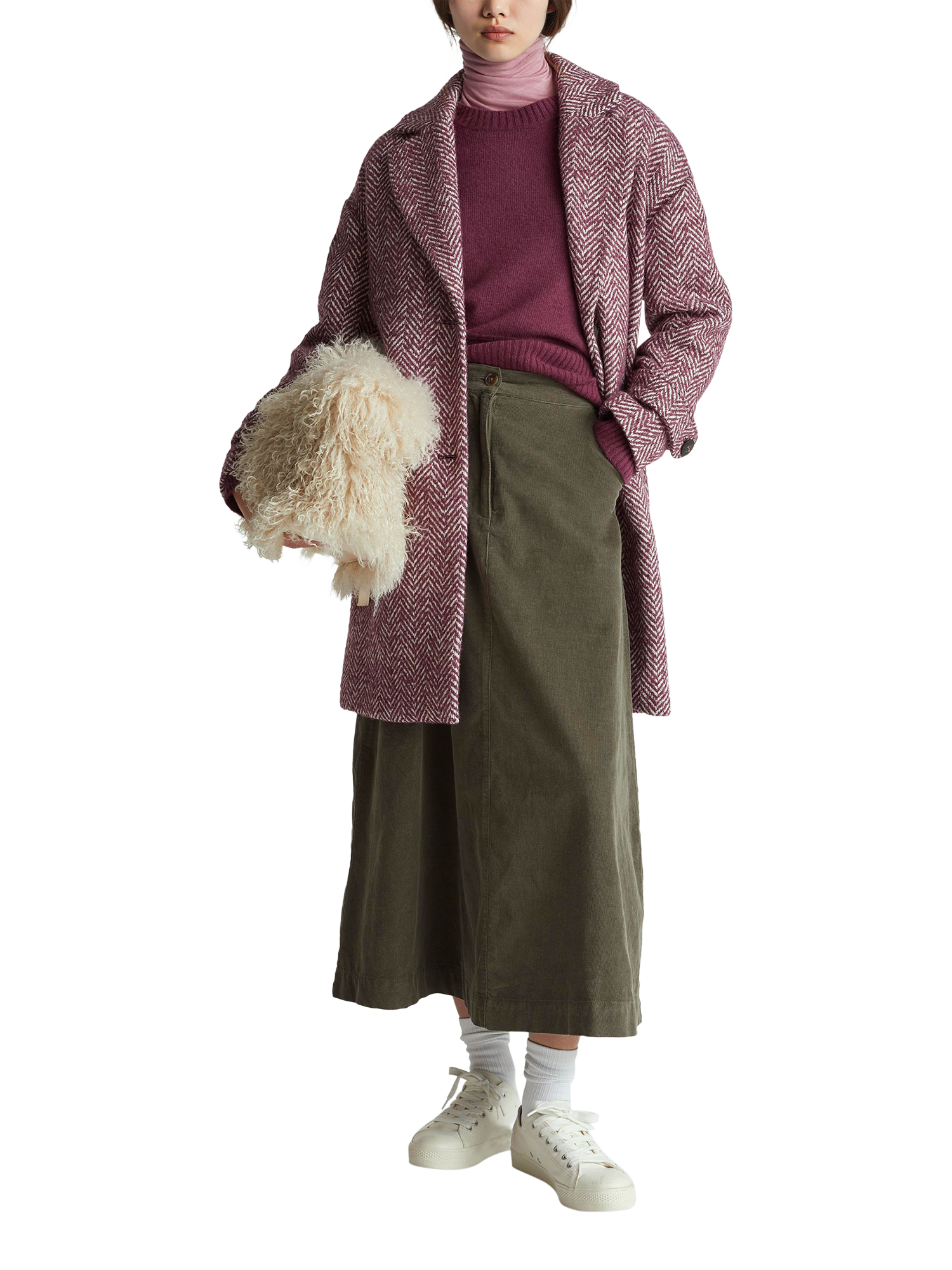 Product image 3 of 6, which shows Benetton Herringbone Wool Blend Coat, Red/White, XS