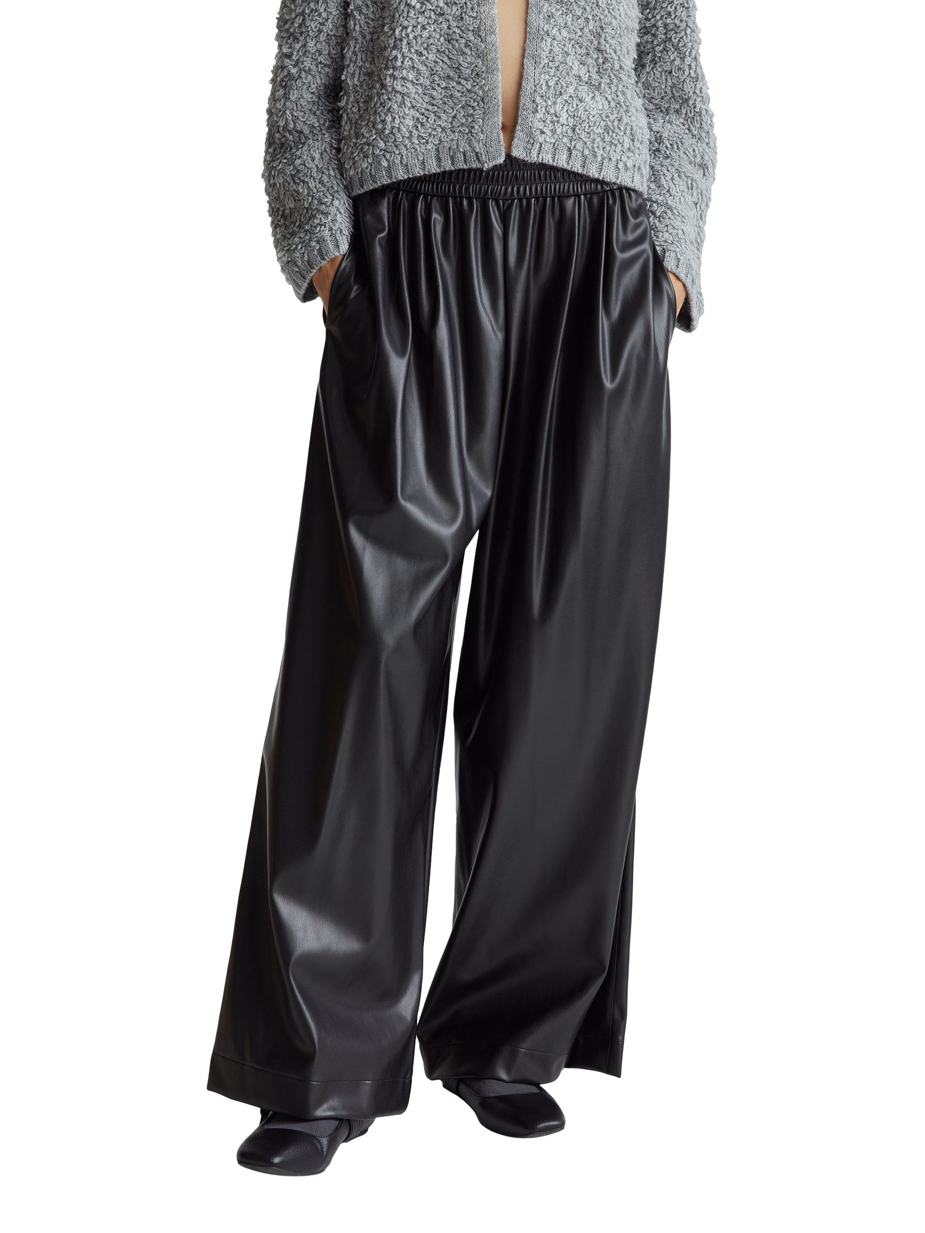 Product image 1 of 6, which shows Benetton PU Wide Leg Trousers , Black, XS