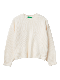 Benetton Kids' Cotton Blend Crew Neck Jumper, White, White