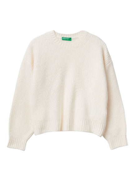 Benetton Kids' Cotton Blend Crew Neck Jumper, White, White