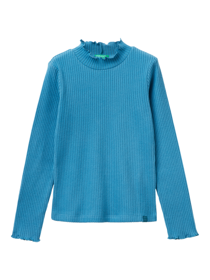 Benetton Kids' Cotton Blend Long Sleeve Turtleneck Top, Blue, Blue