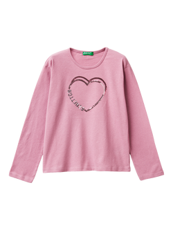 Benetton Kids' Cotton Long Sleeved Sequin Heart T-Shirt, Pink, Pink