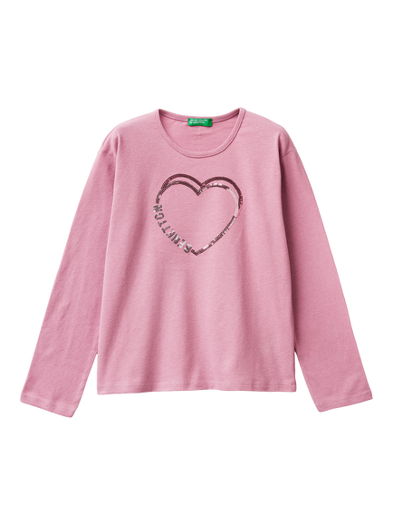 Benetton Kids' Cotton Long Sleeved Sequin Heart T-Shirt, Pink, Pink