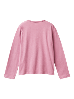 Benetton Kids' Cotton Long Sleeved Sequin Heart T-Shirt, Pink - view 2, Pink